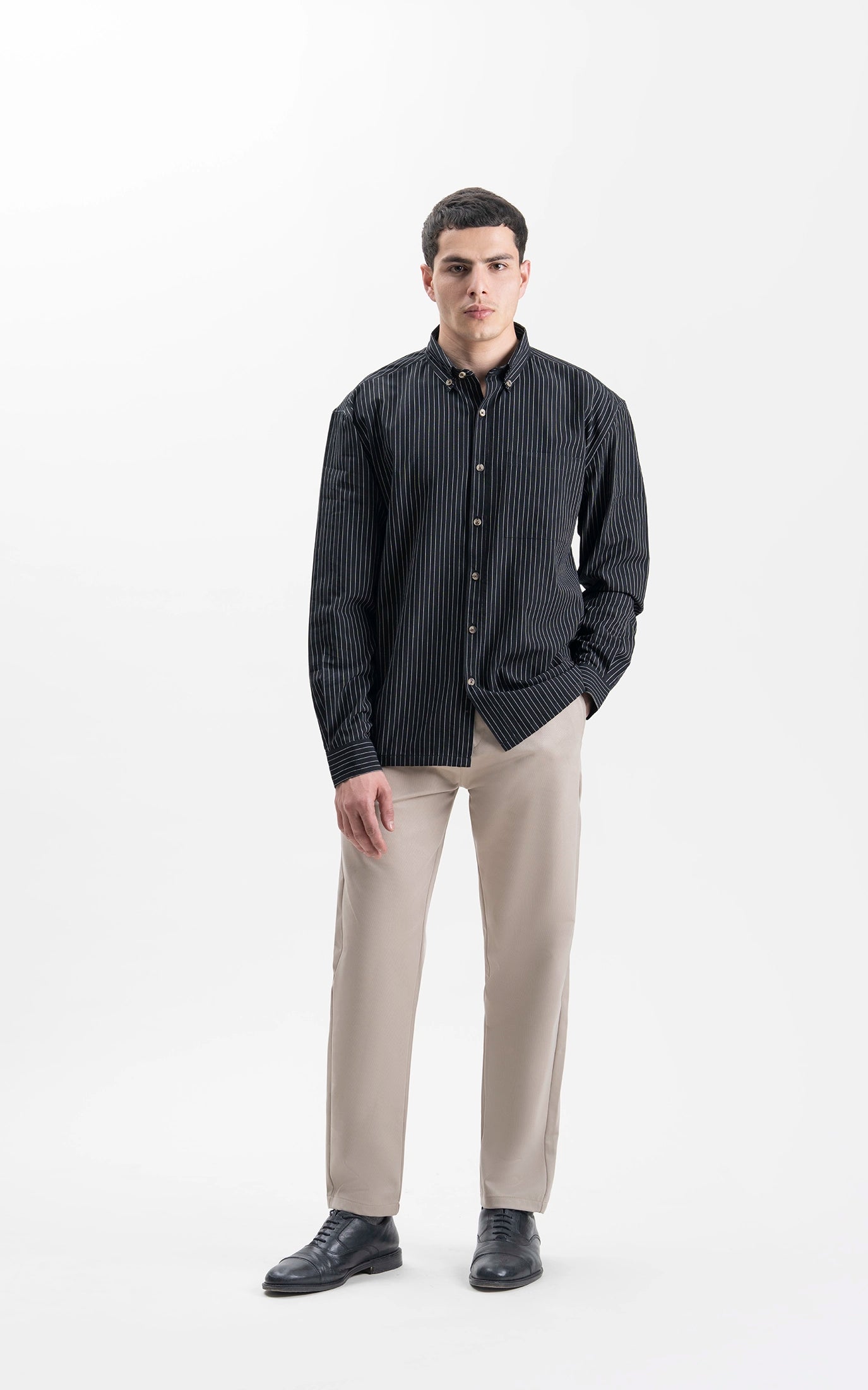 BUTTON DOWN COLLAR STRIPED CASUAL SHIRT BLACK