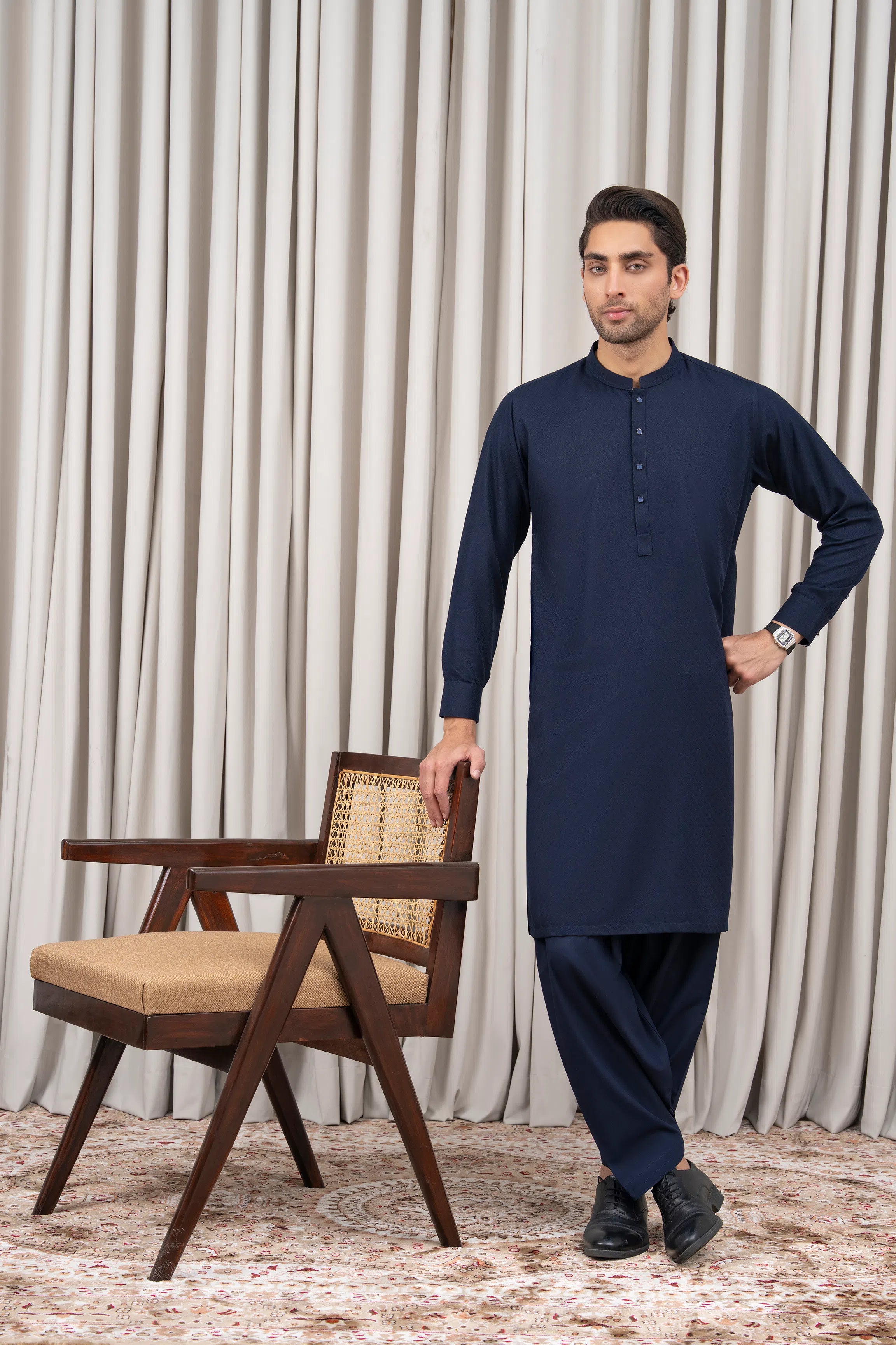 JACQUARD BLENDED KAMEEZ SHALWAR - SIGNATURE COLLECTION NAVY