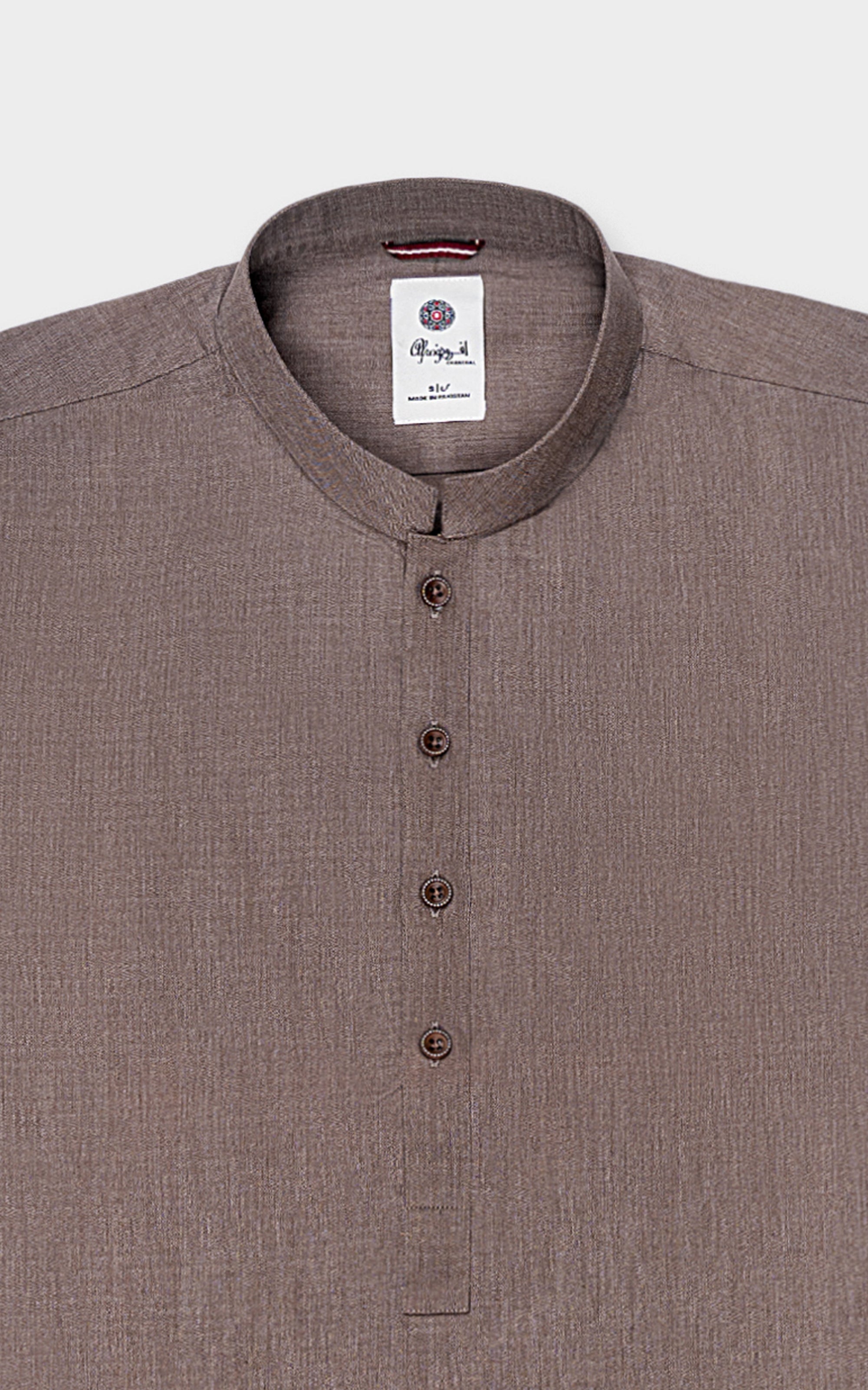 Mens kurta band collar with button placket and front detail, brown