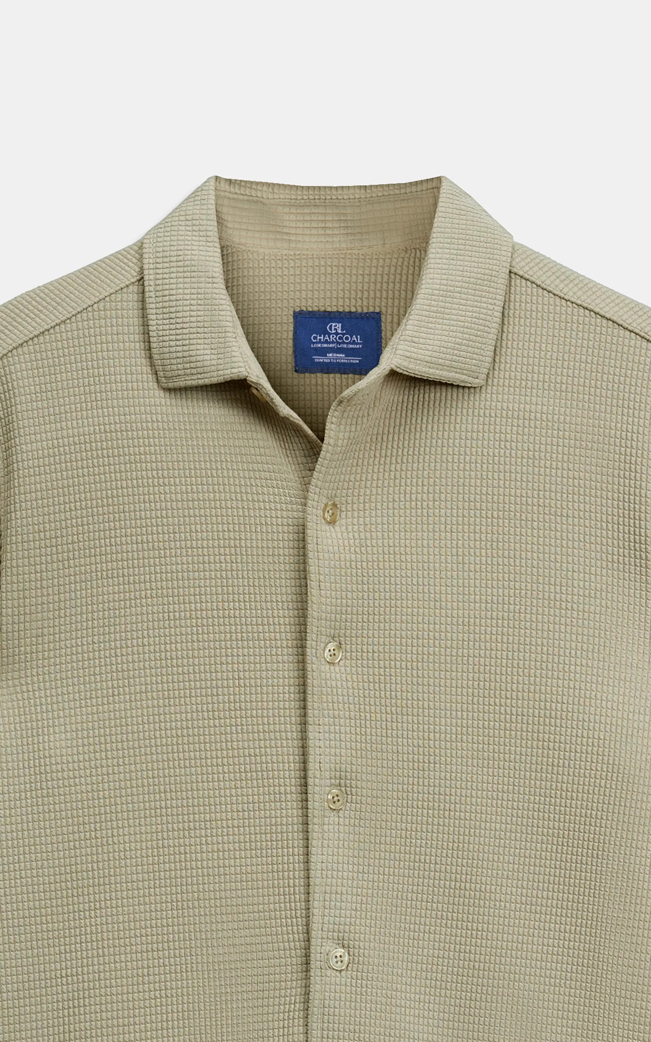 Khaki self-textured casual shirt collar and button placket detail