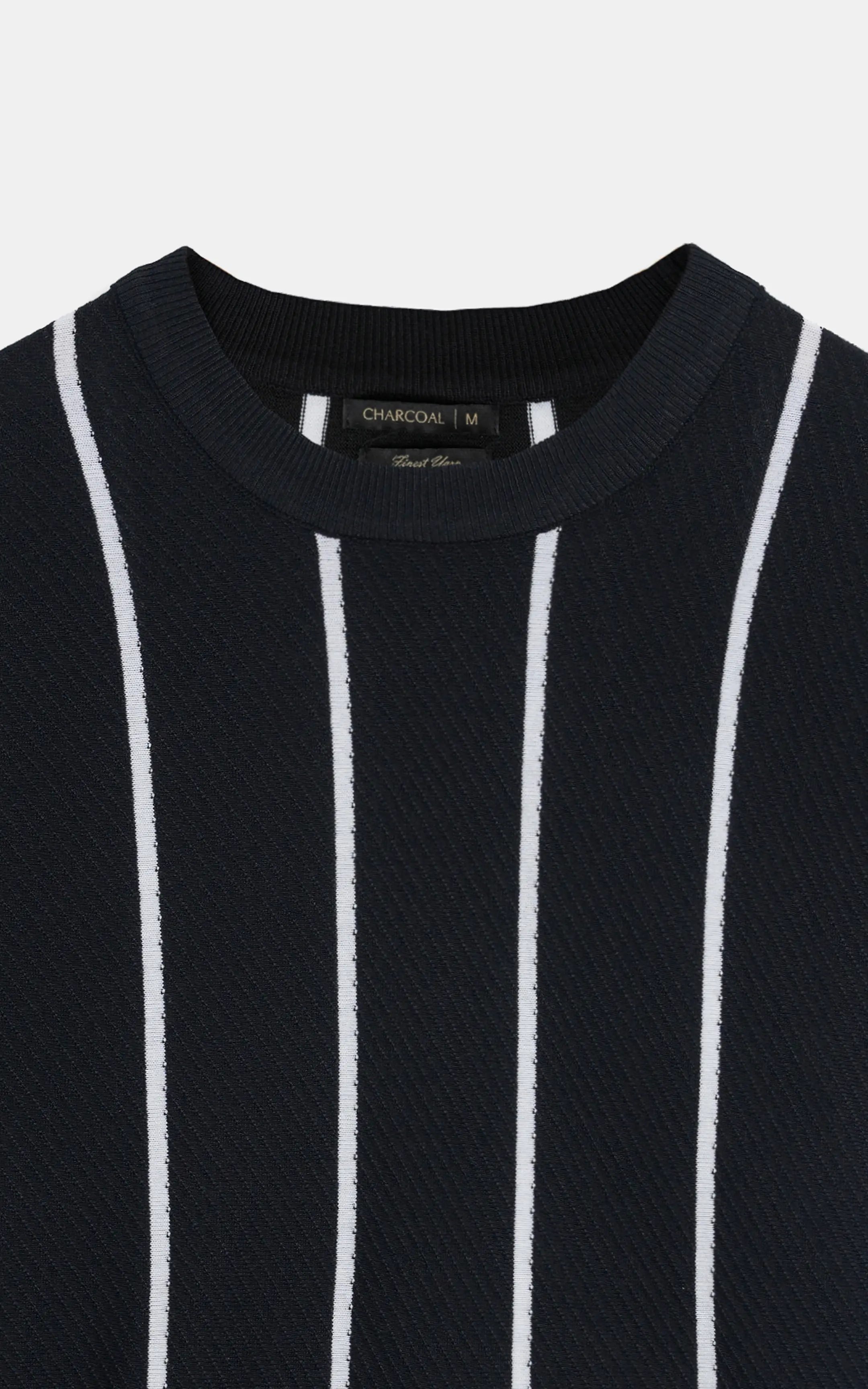 SWEATER KNIT SELF STRIPED CREW NECK T-SHIRT BLACK