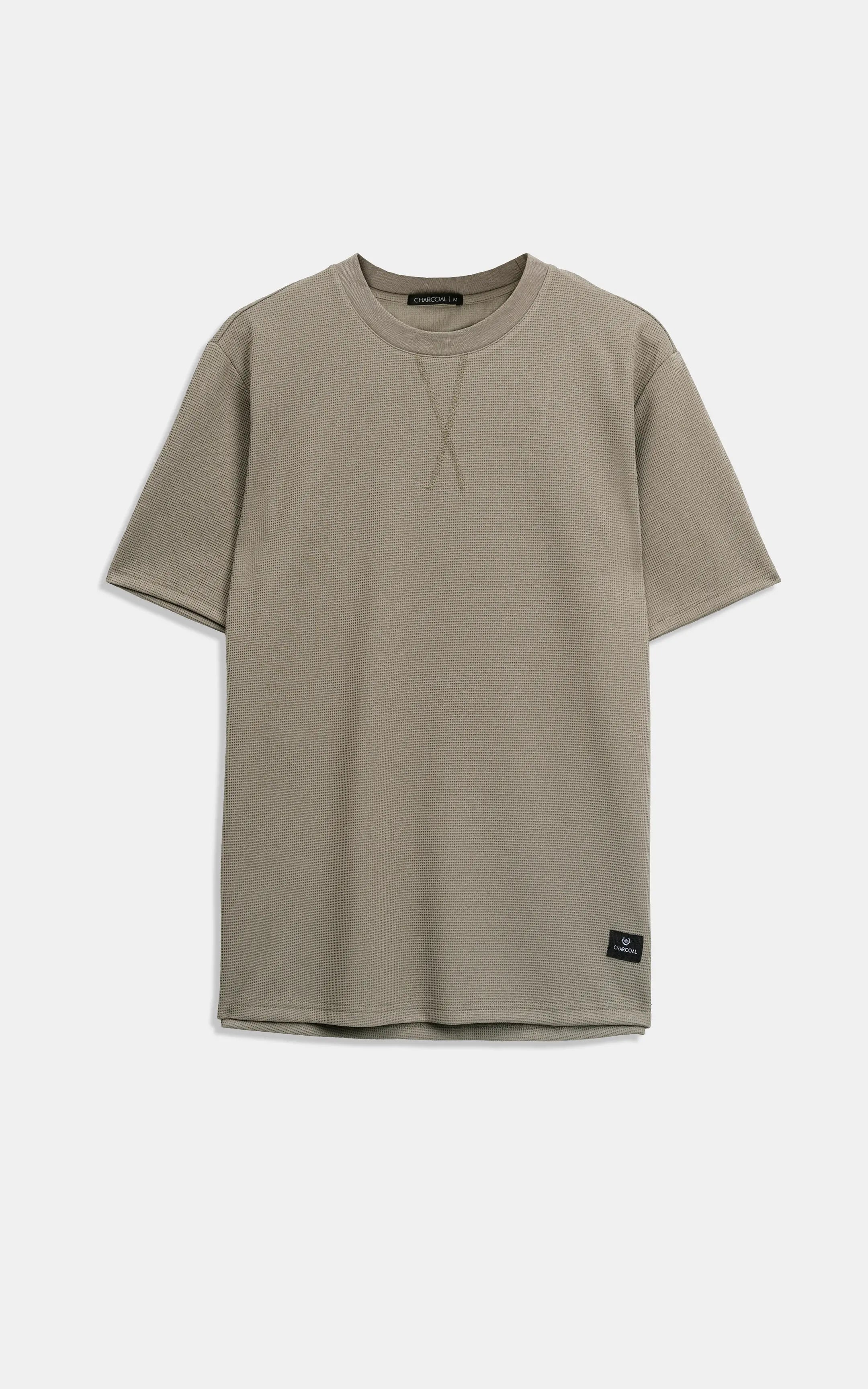 Muted green crew neck T-shirt, short-sleeve front view with small logo on hem