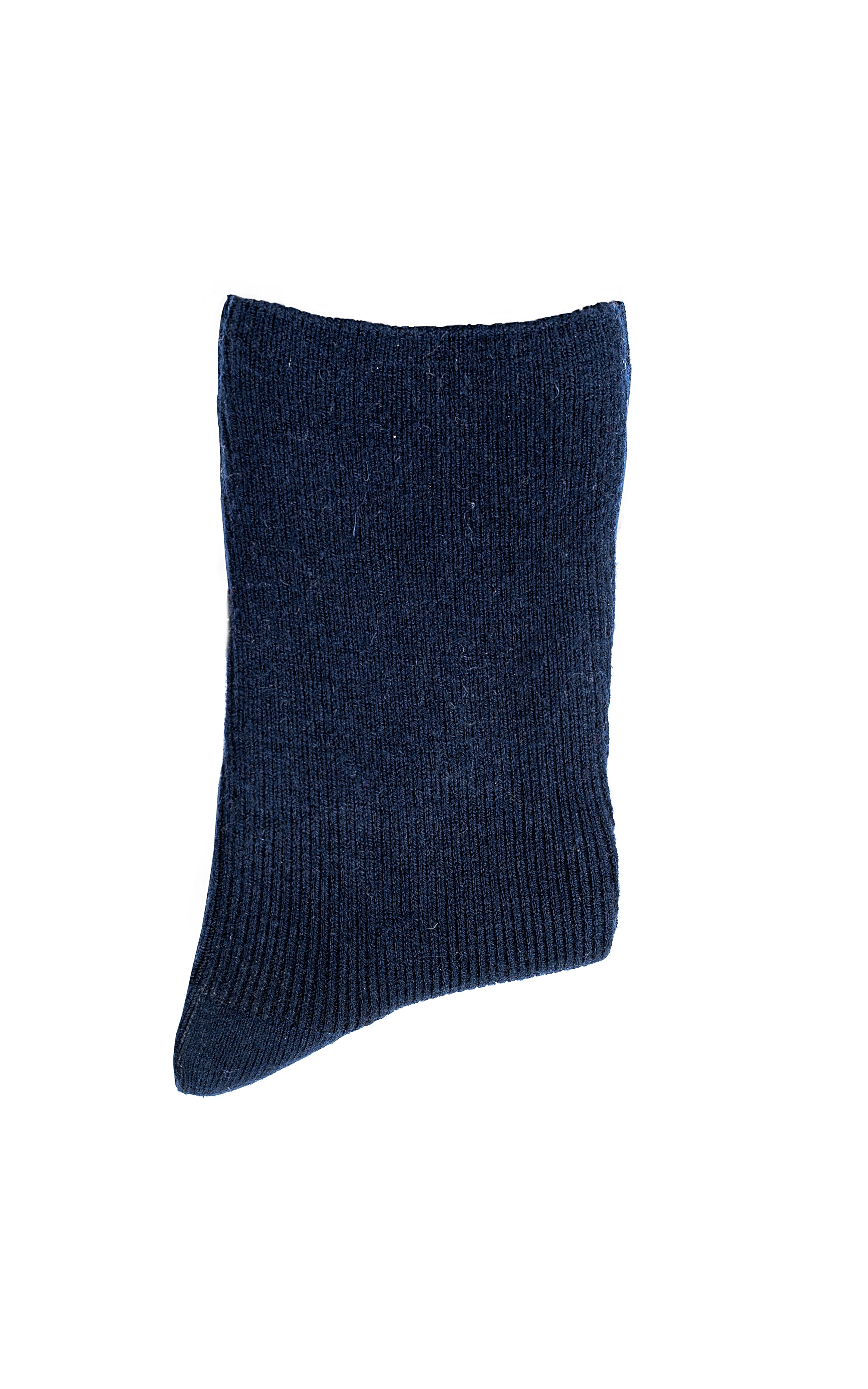 Dark navy wool crew sock angled view, ribbed knit cuff and heel