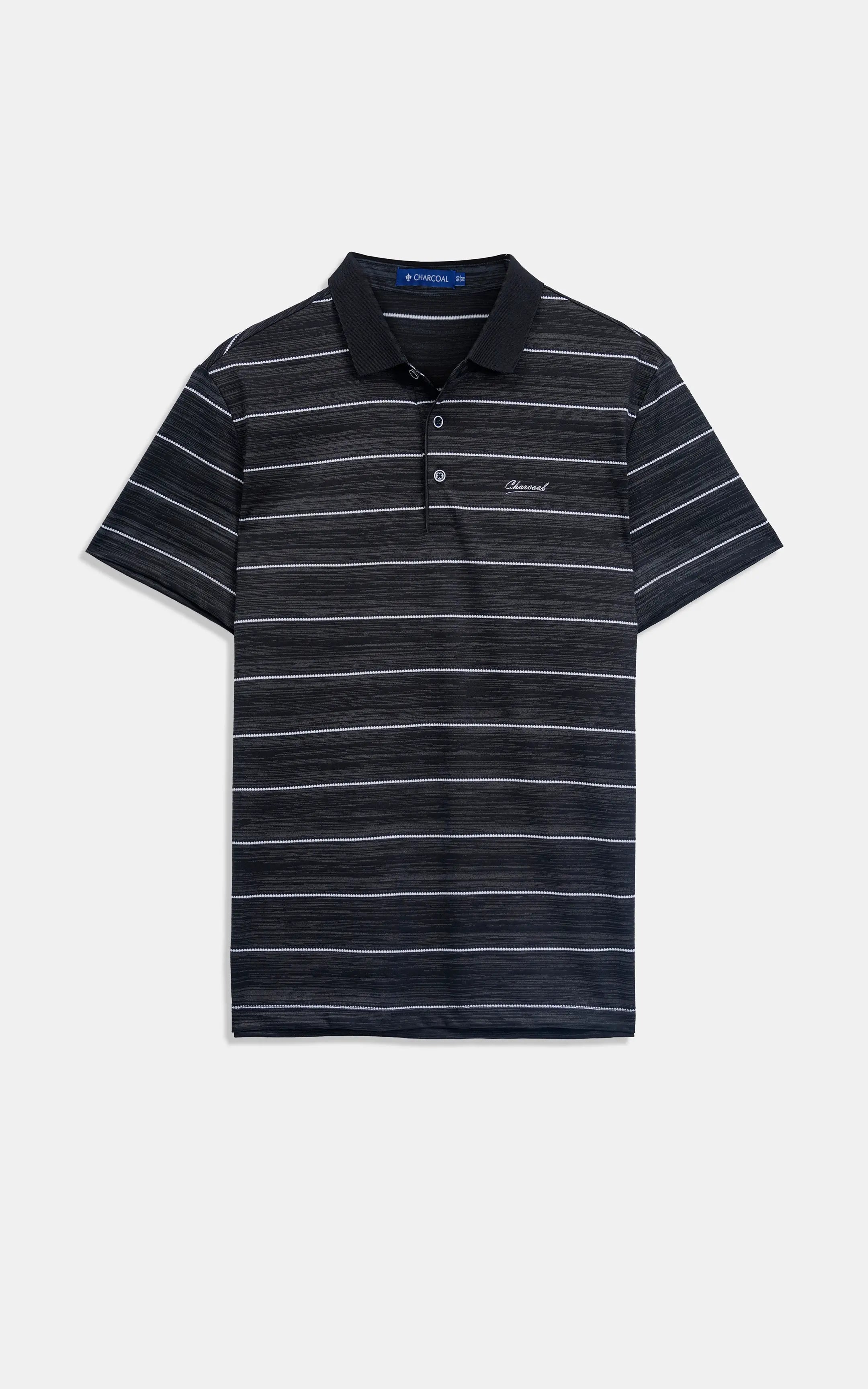 Black striped polo shirt on white background, short sleeves, 2-button collar