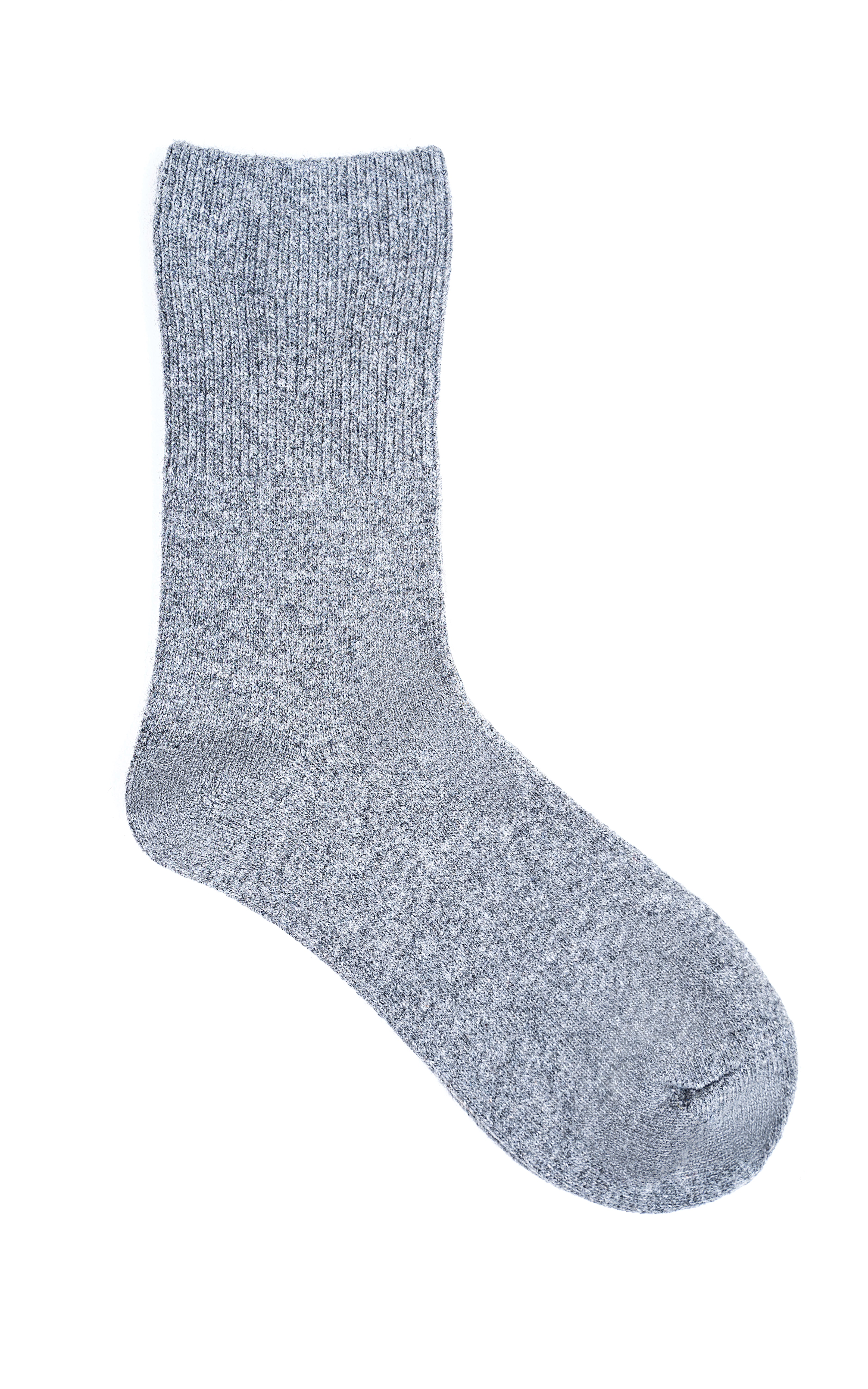 Grey wool socks, ribbed knit, crew length with fine heather texture