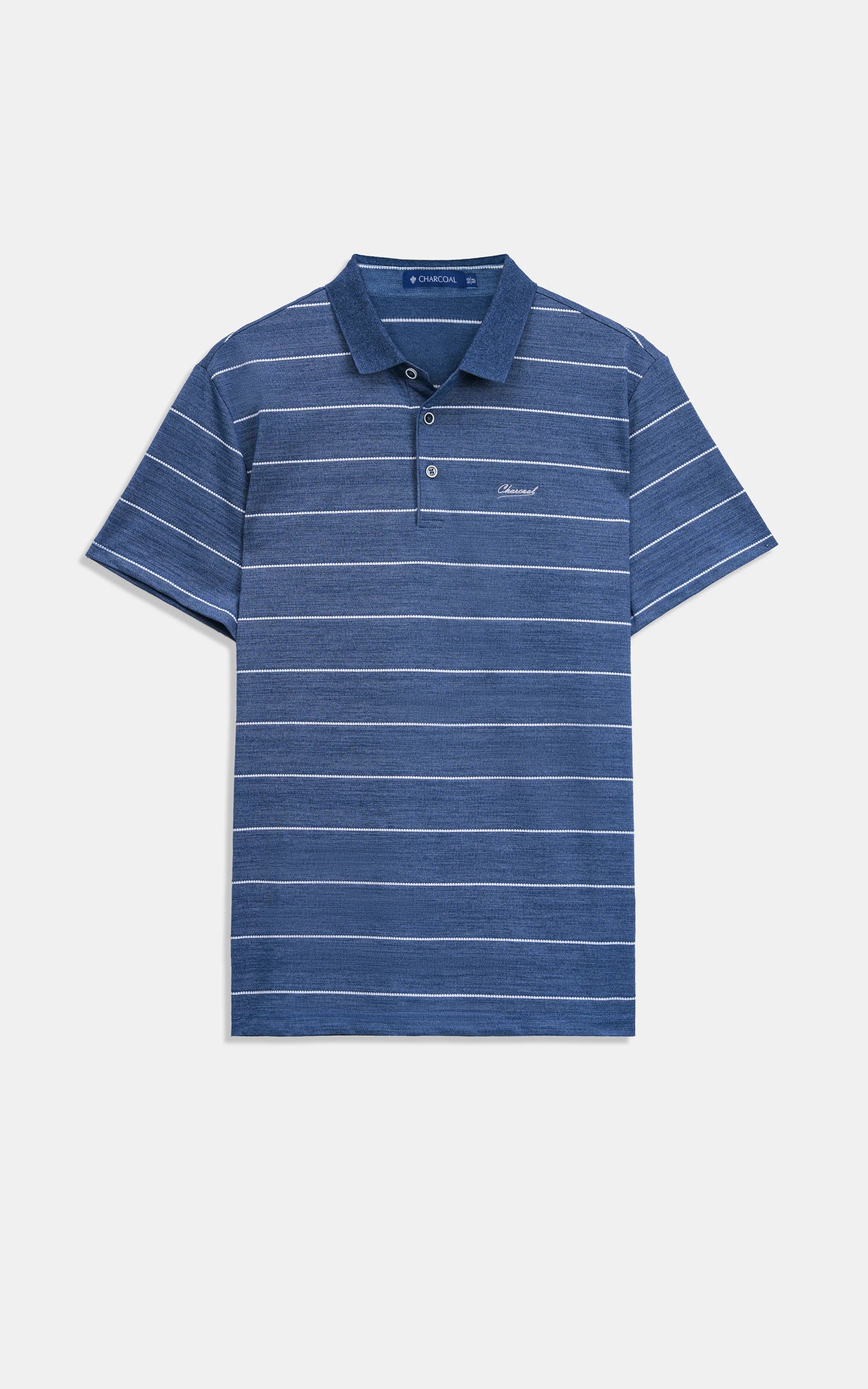 Blue striped polo shirt with collar and button placket, short-sleeve