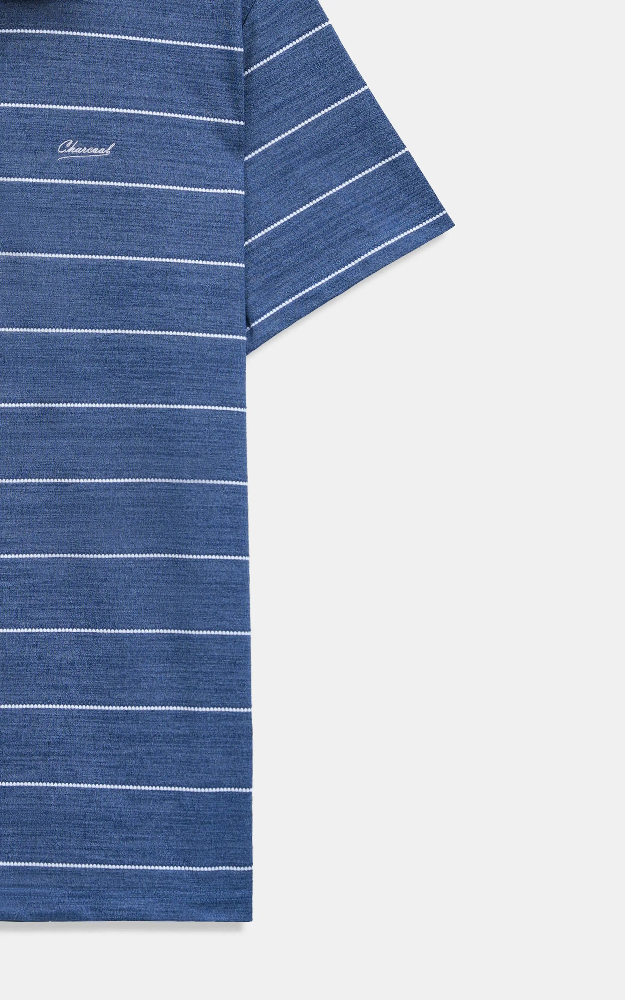 Blue polo shirt fabric detail with horizontal stripes and short-sleeve cuff