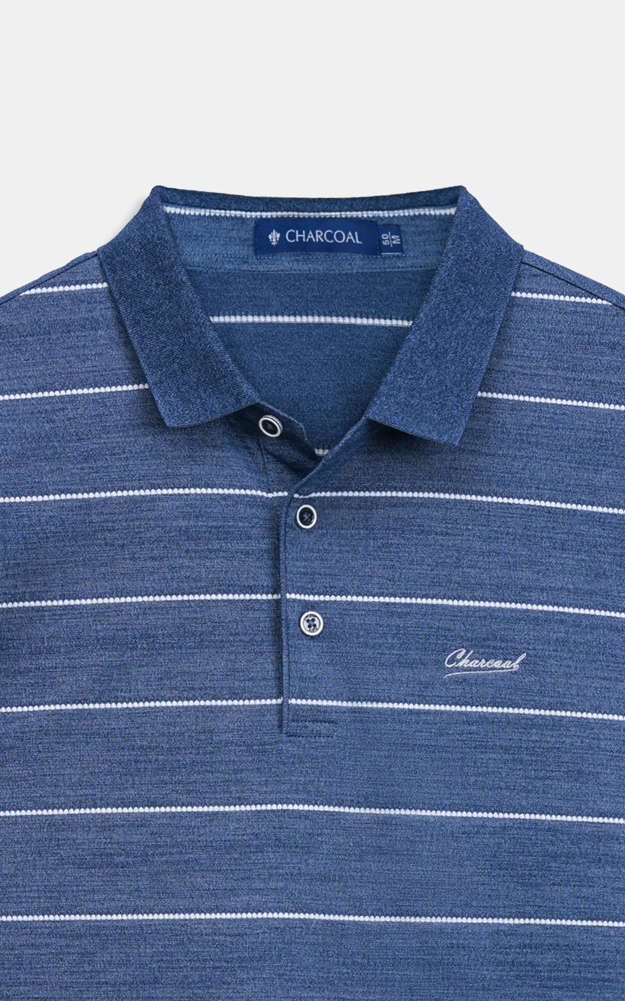 Blue striped polo shirt with collar, buttons, and small chest logo