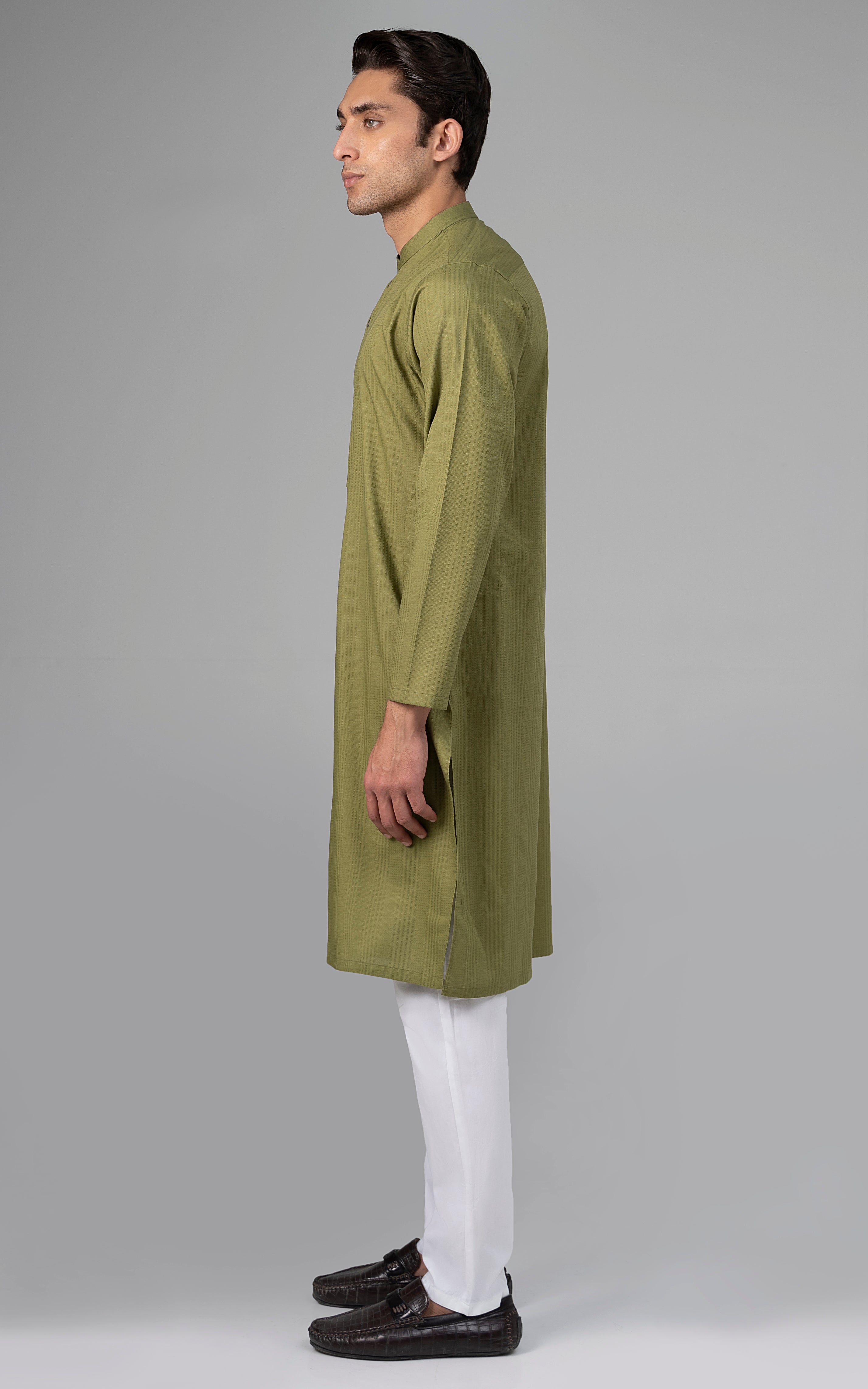 SELF DOBBY KURTA OLIVE GROVE