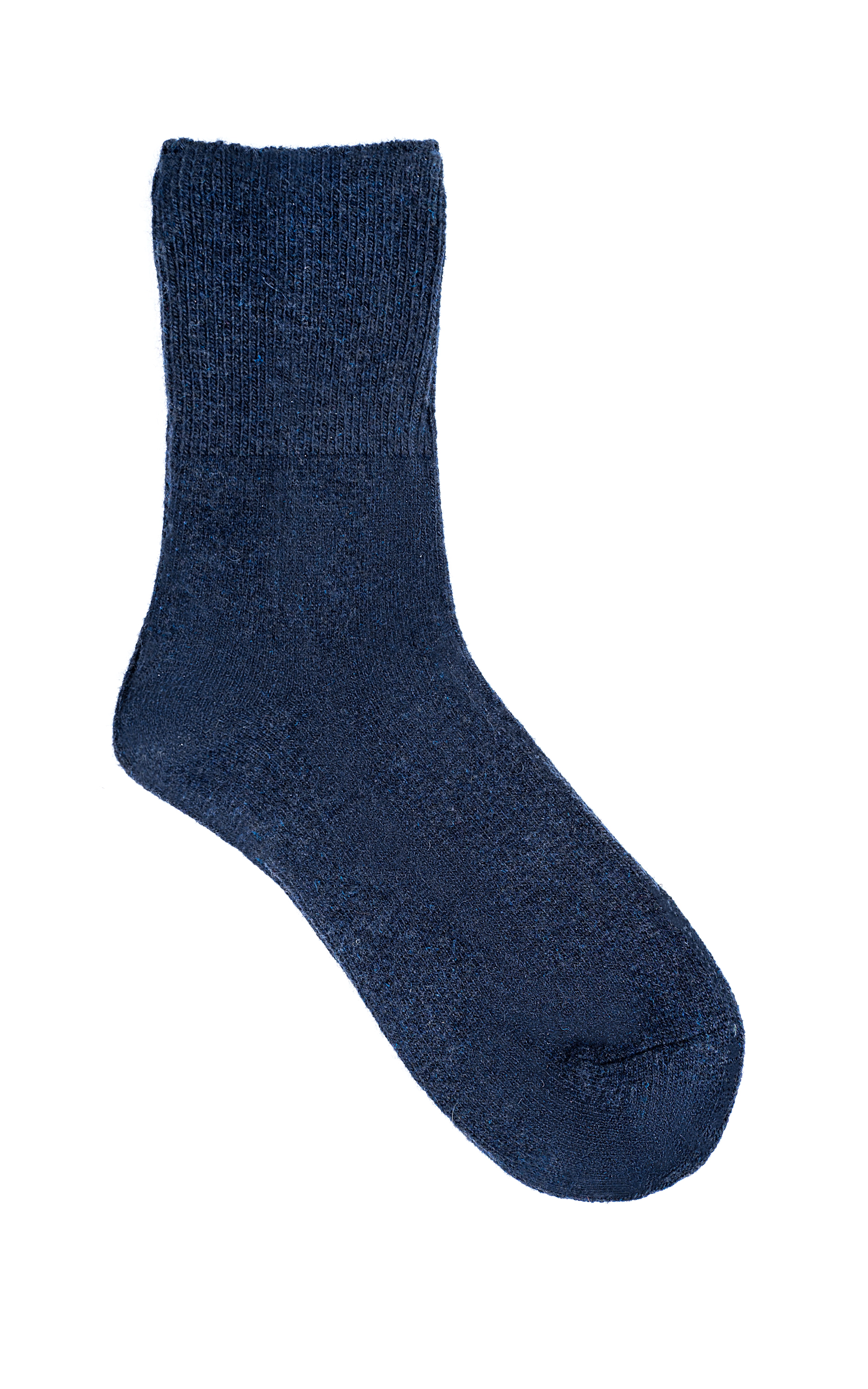 Navy wool crew sock with ribbed cuff and rounded toe