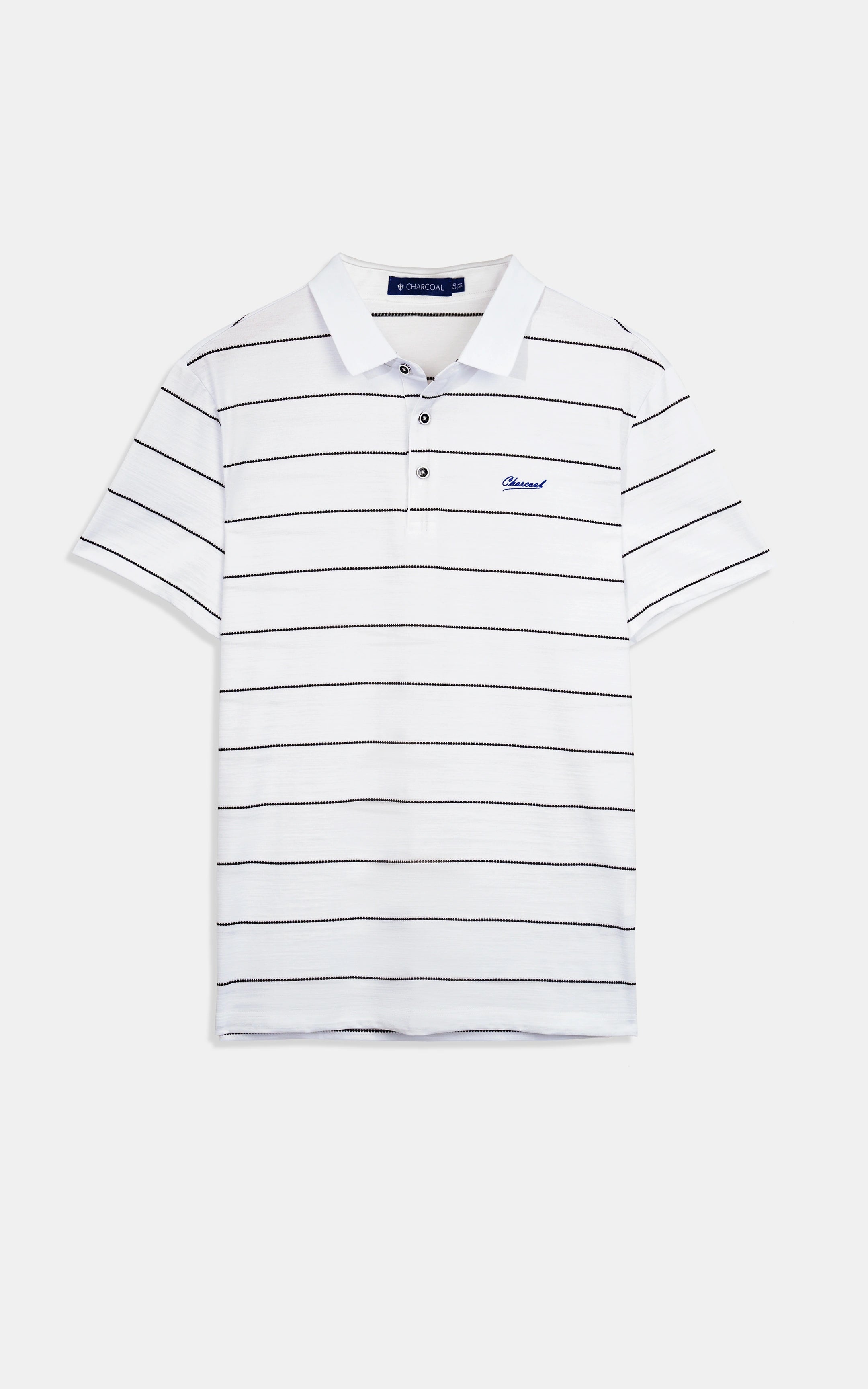 White striped polo shirt with collar and three-button placket