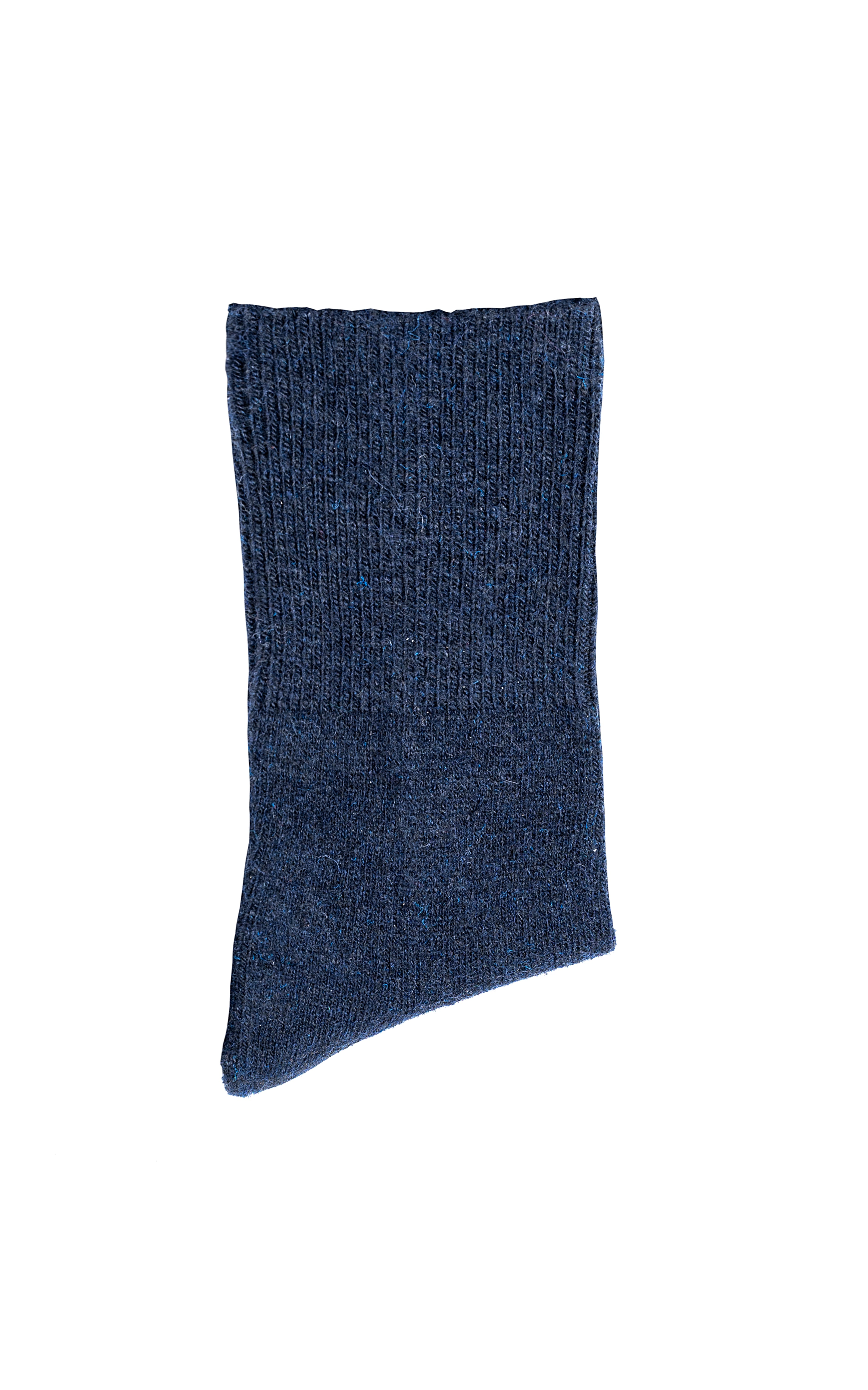 Navy wool crew sock folded, showing ribbed knit at ankle
