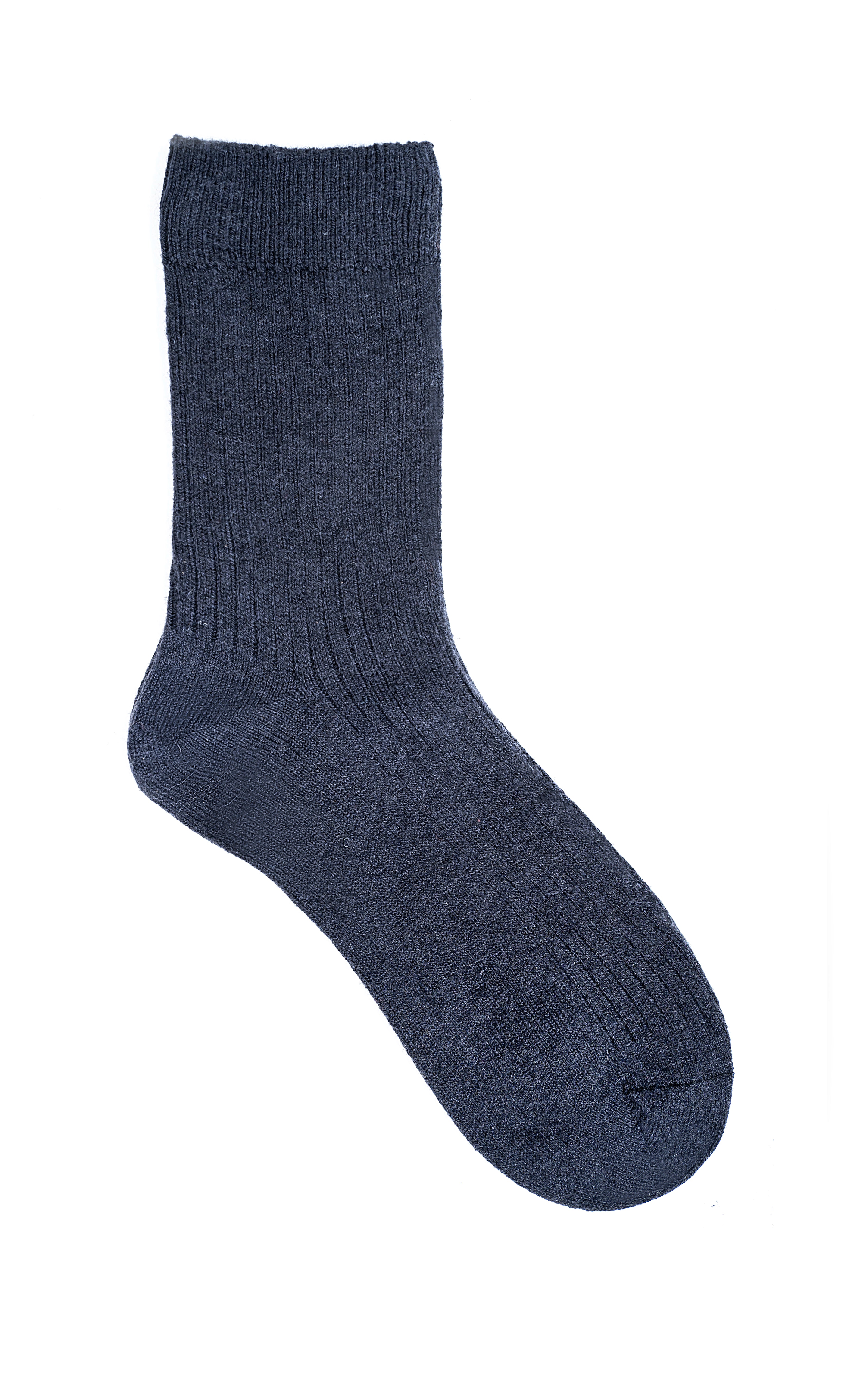 Dark blue wool crew sock, knit foot with rounded toe