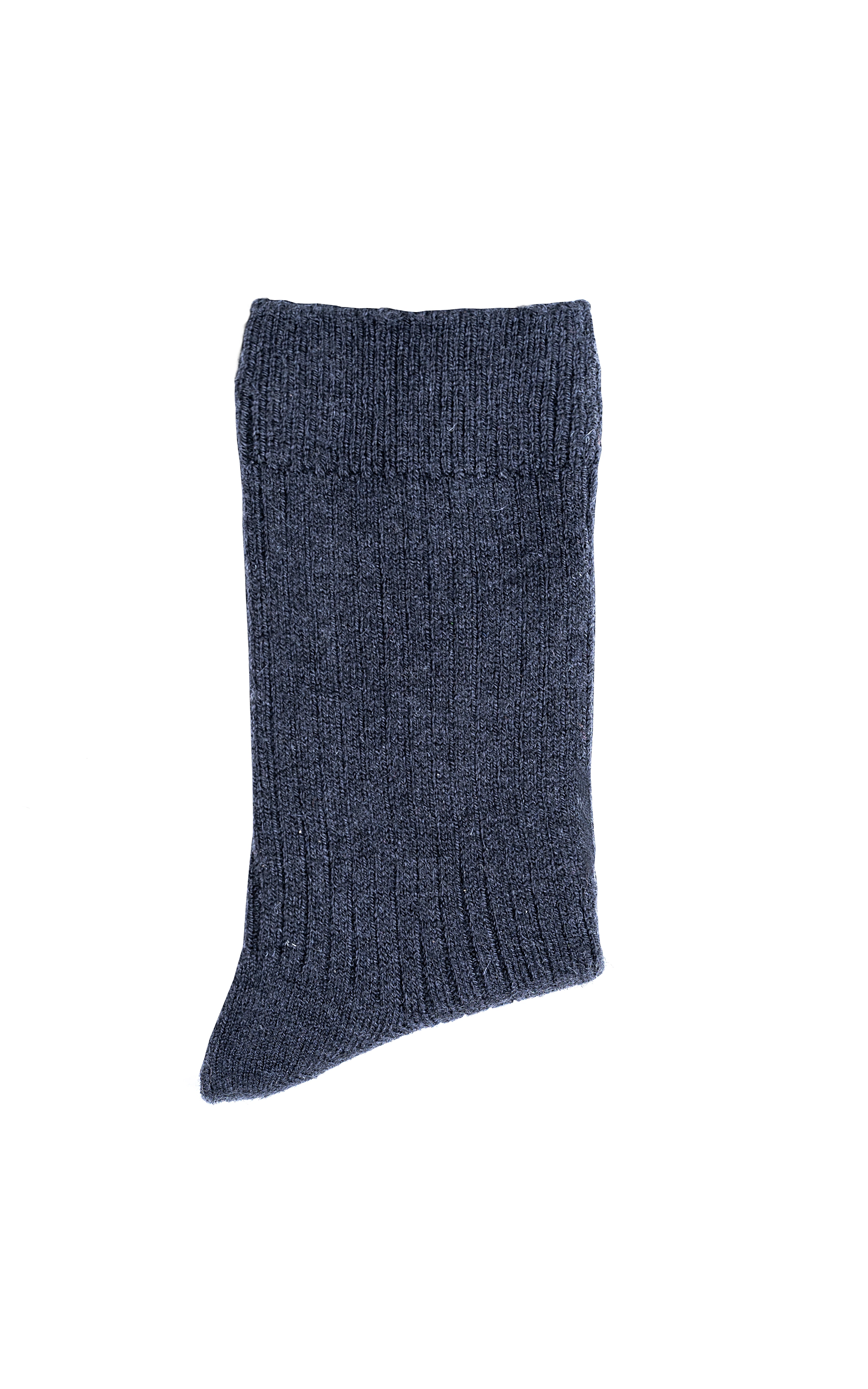 Dark blue wool sock with ribbed cuff, knit texture