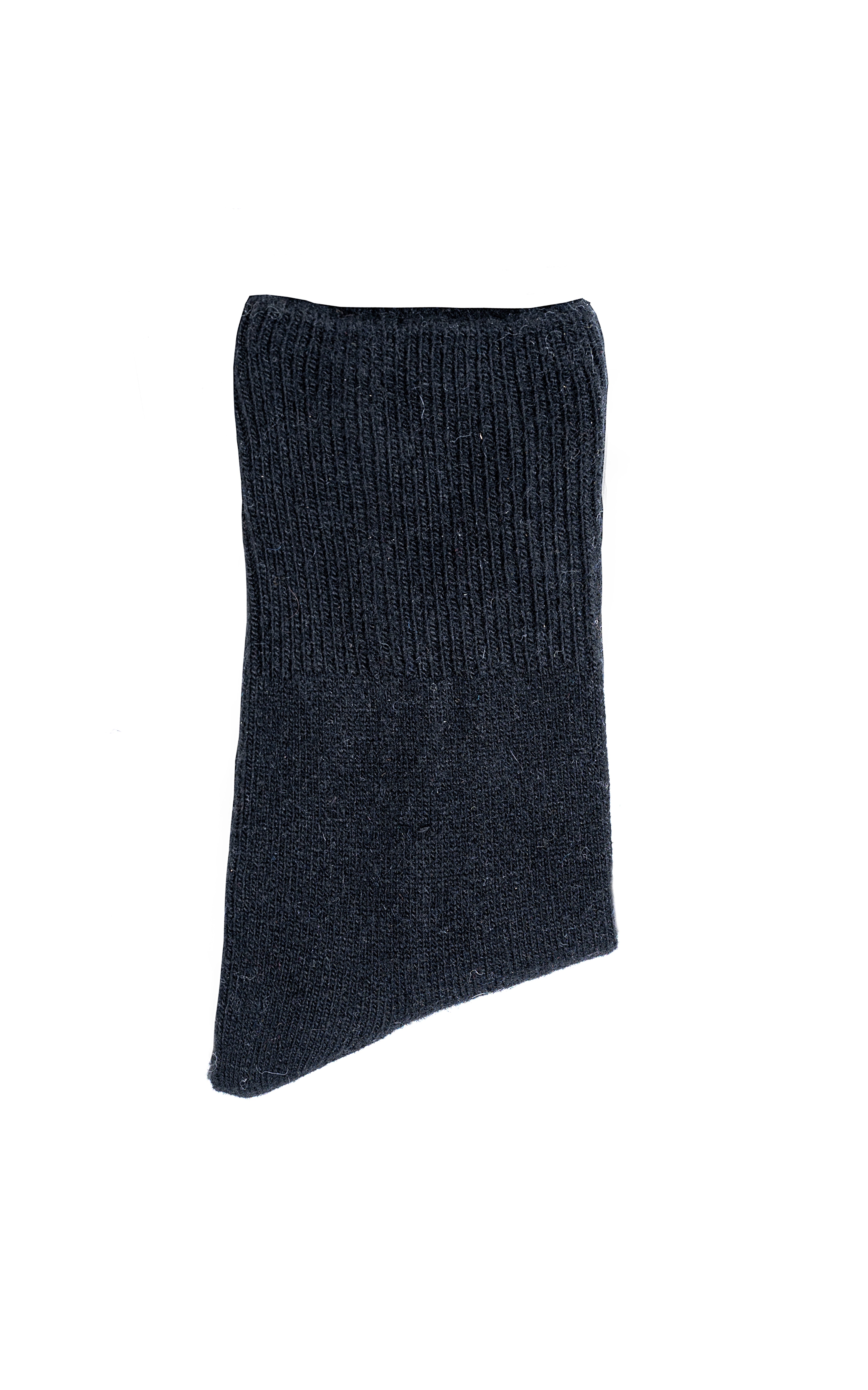 Dark blue wool sock in side view with ribbed knit cuff