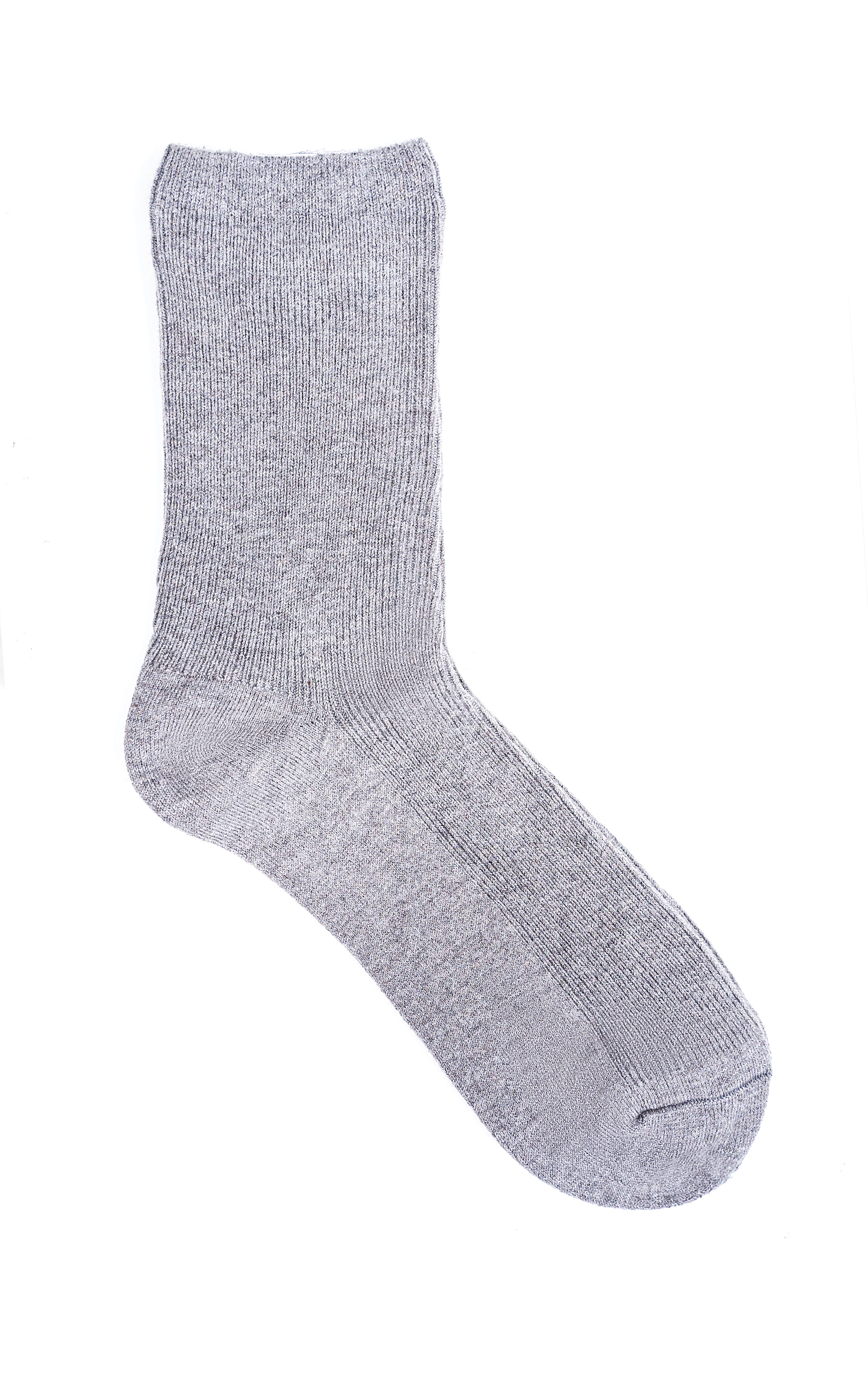 Gray wool sock with ribbed knit cuff and toe, crew length