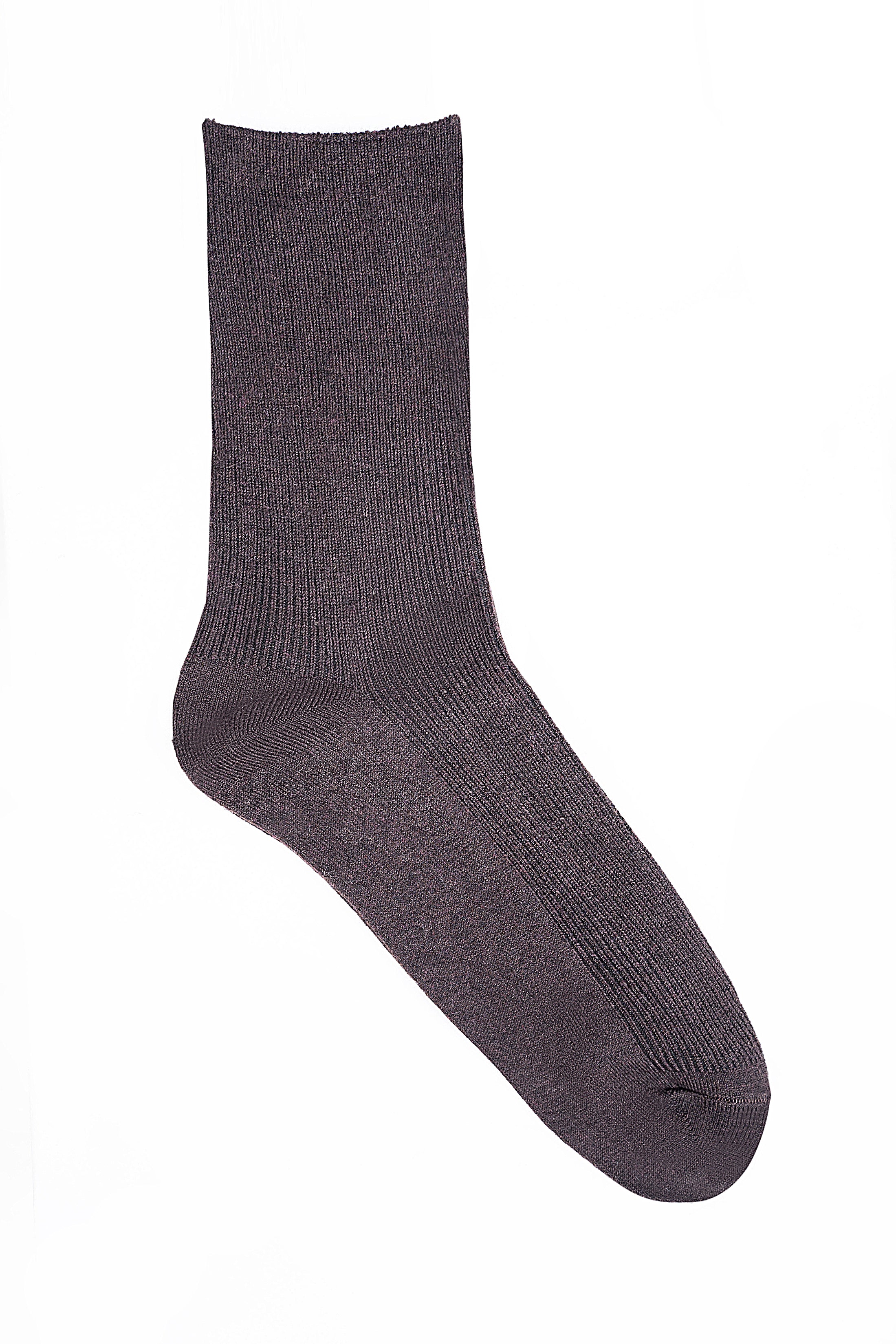 Dark gray wool sock with ribbed cuff and heel, crew length