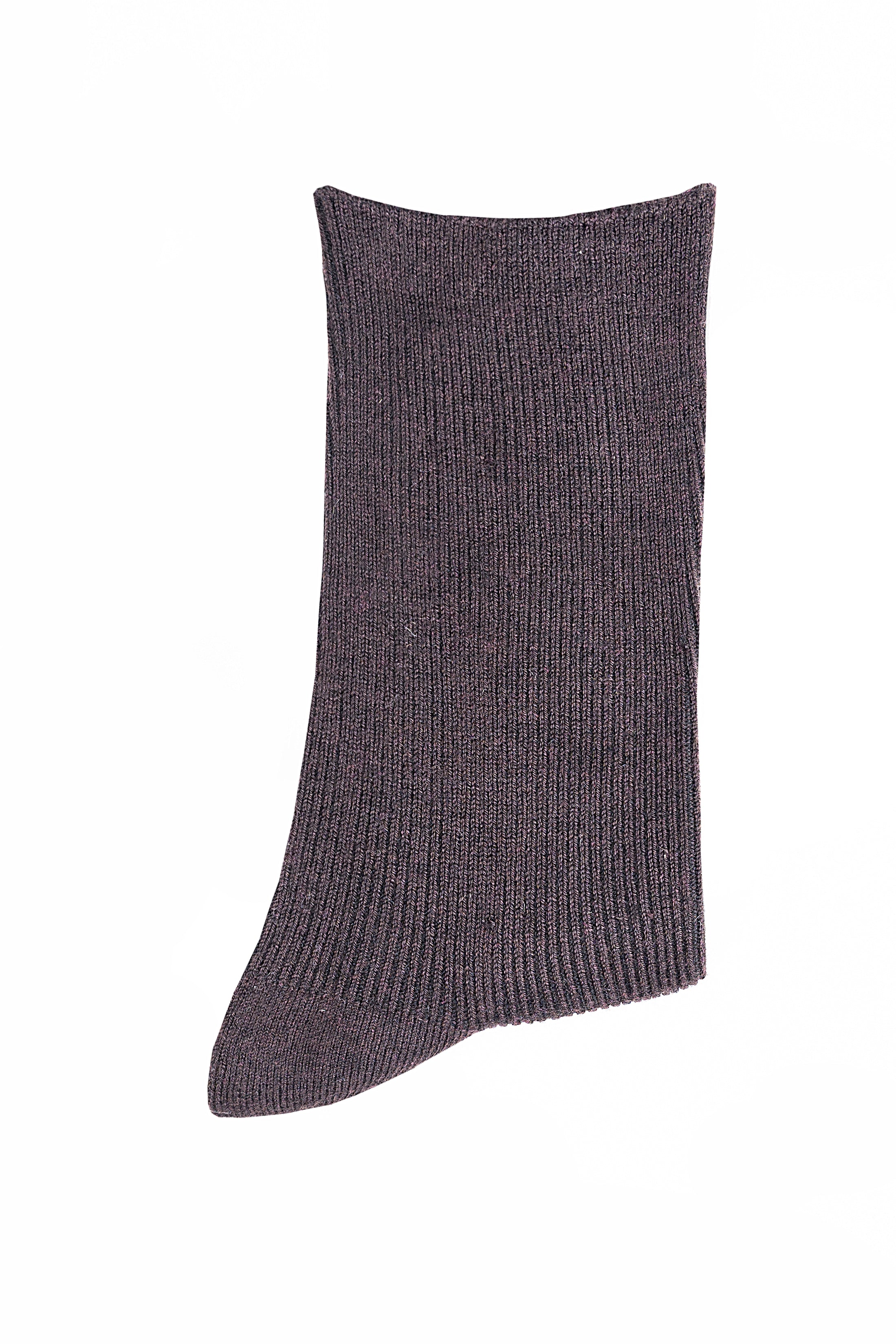 Dark gray wool crew sock with ribbed leg and cuff, textured knit