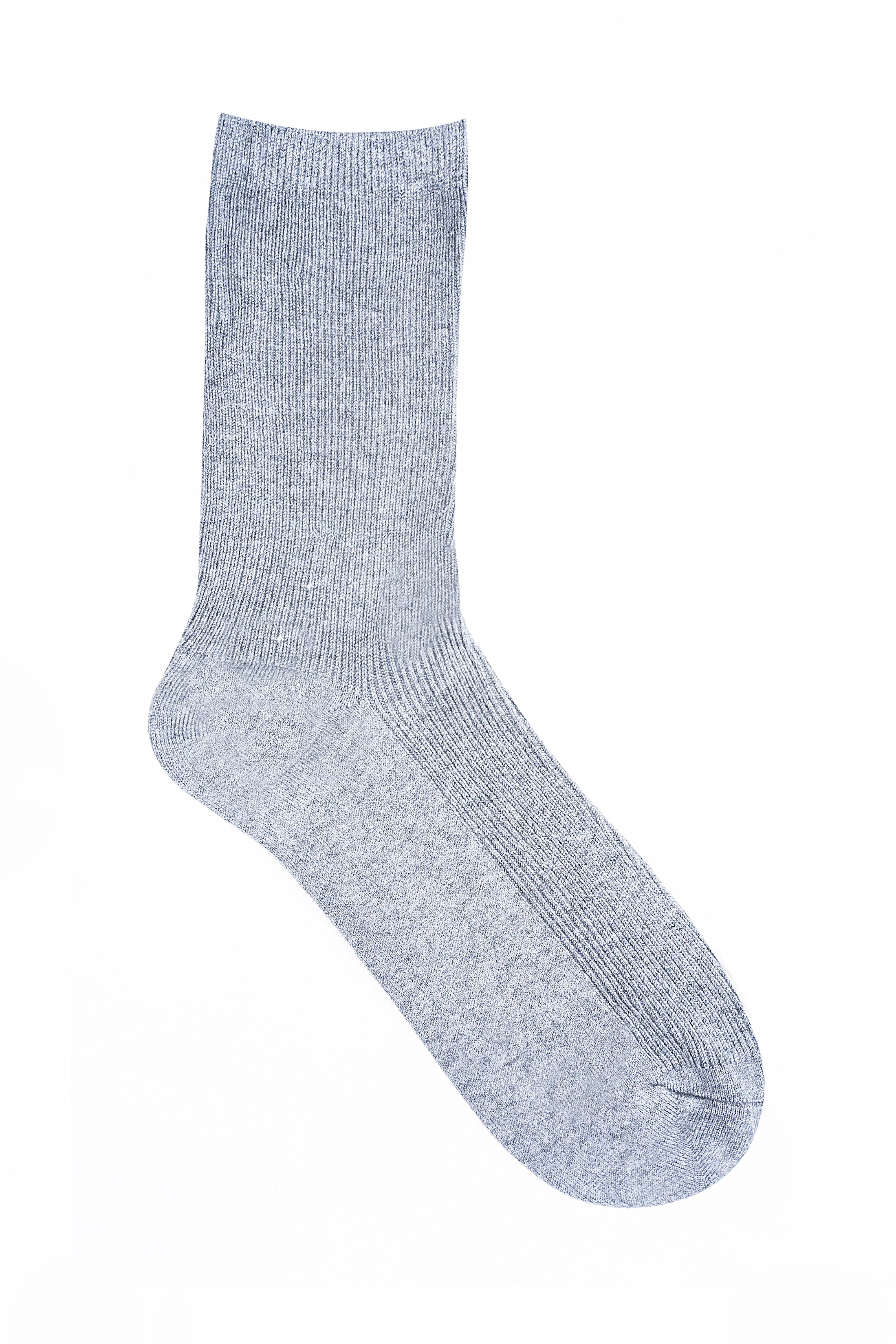Wool socks in light gray heather knit with ribbed cuff and rounded toe.