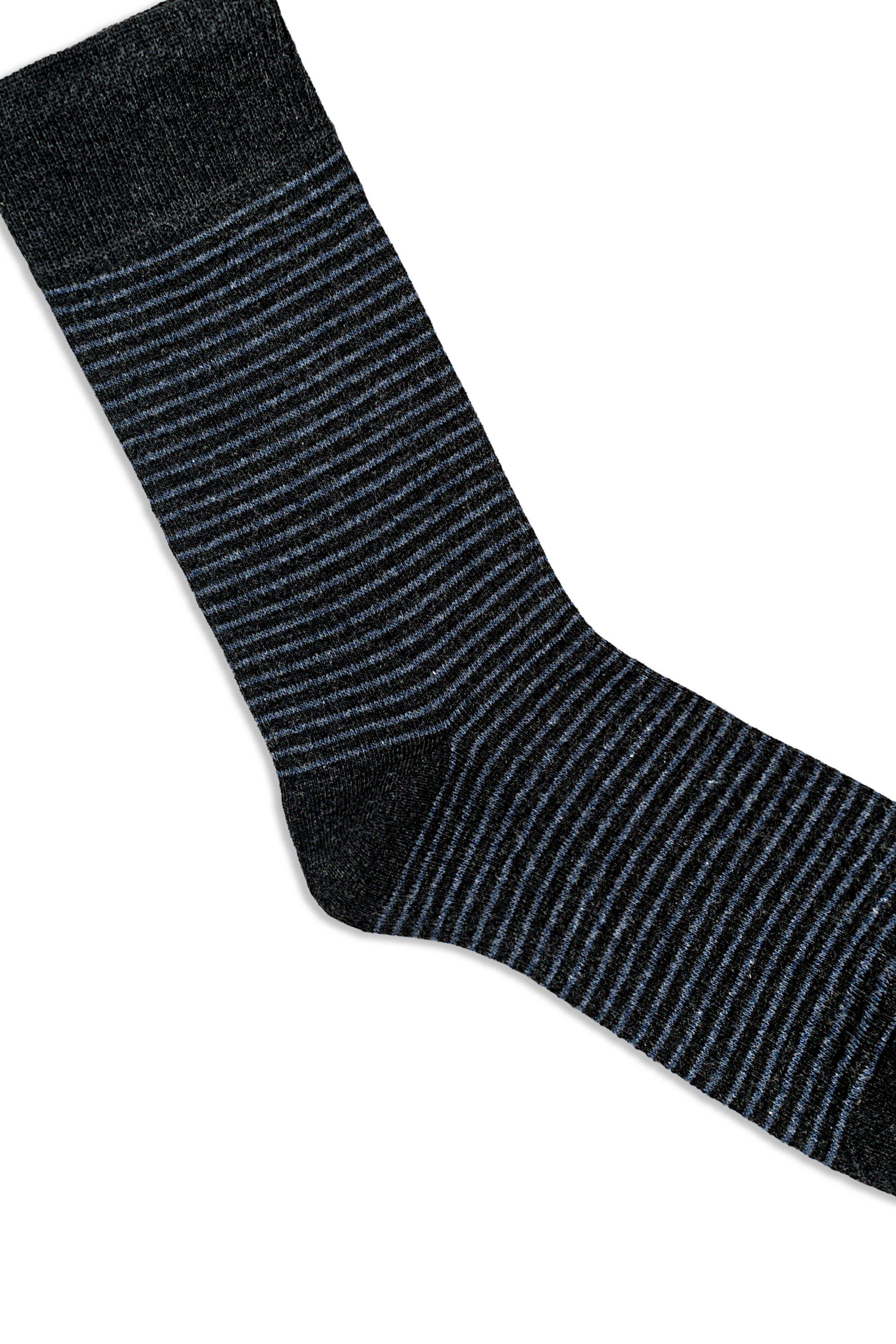 Dark charcoal formal sock with horizontal stripe pattern, crew-length knit