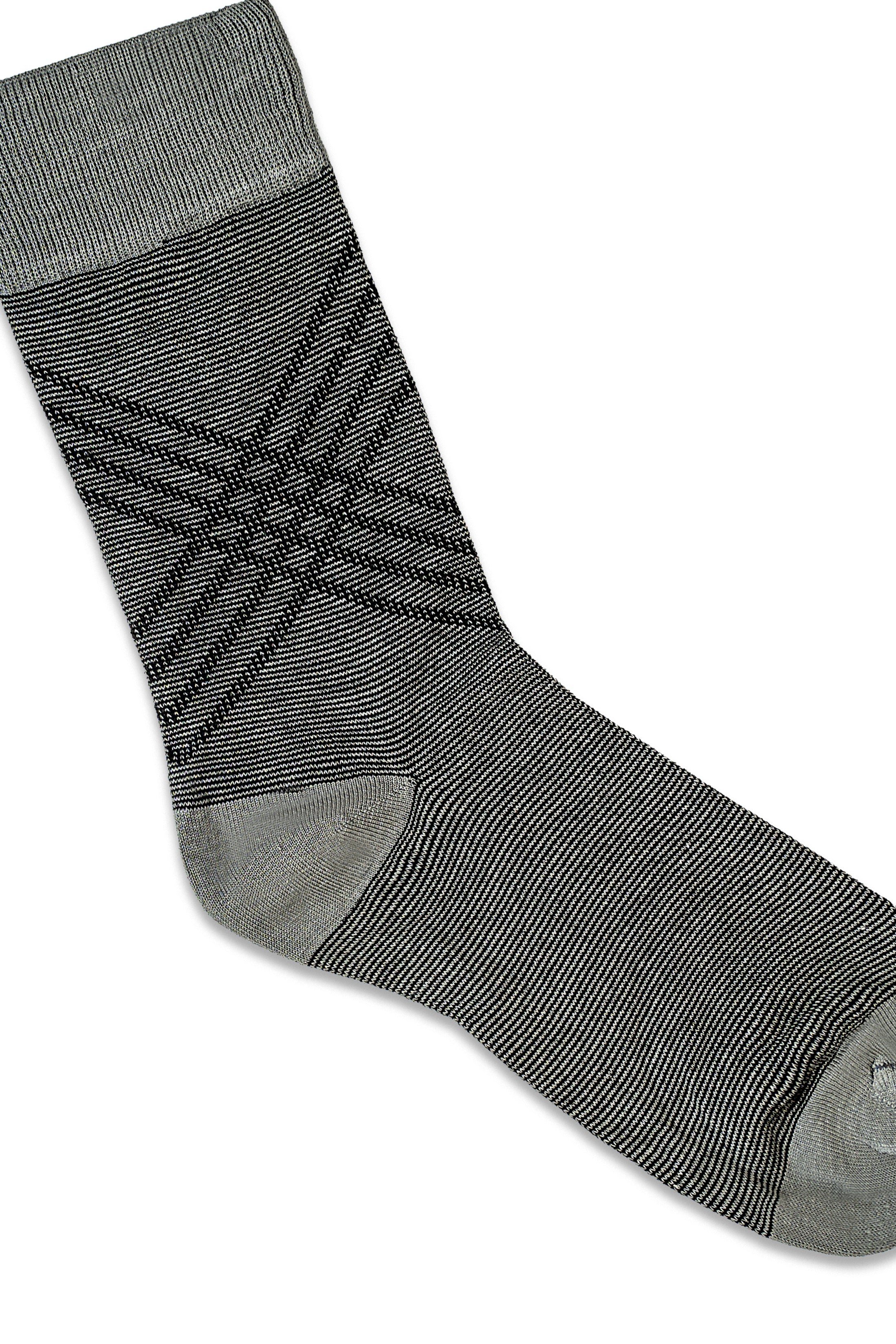 Charcoal formal dress sock with geometric stripe pattern, ribbed cuff