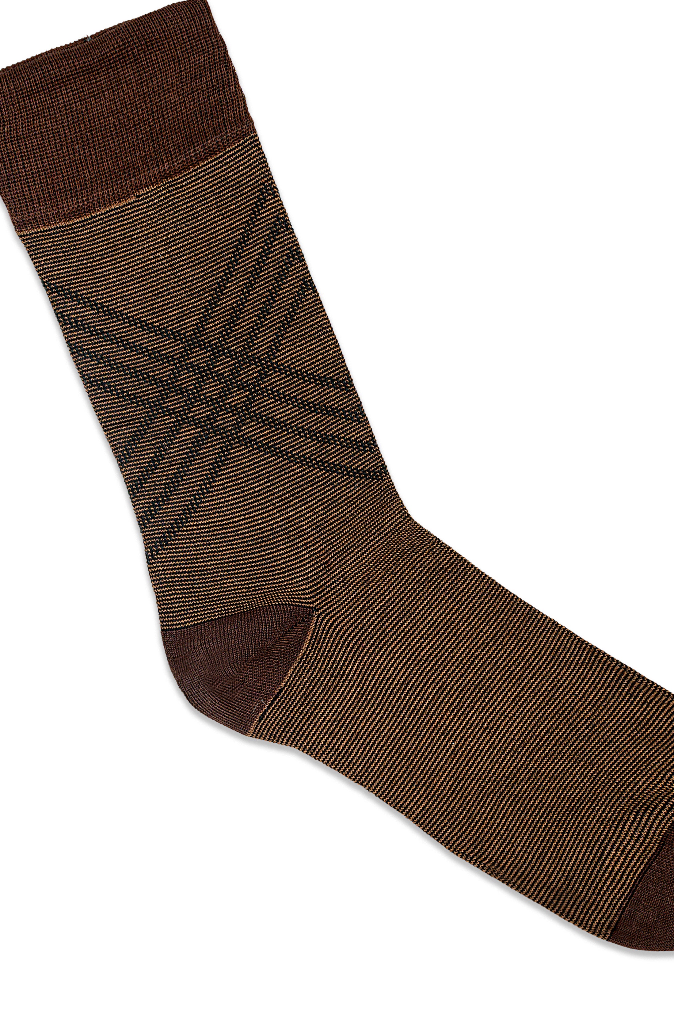 Brown dress sock with diagonal geometric weave and extended toe