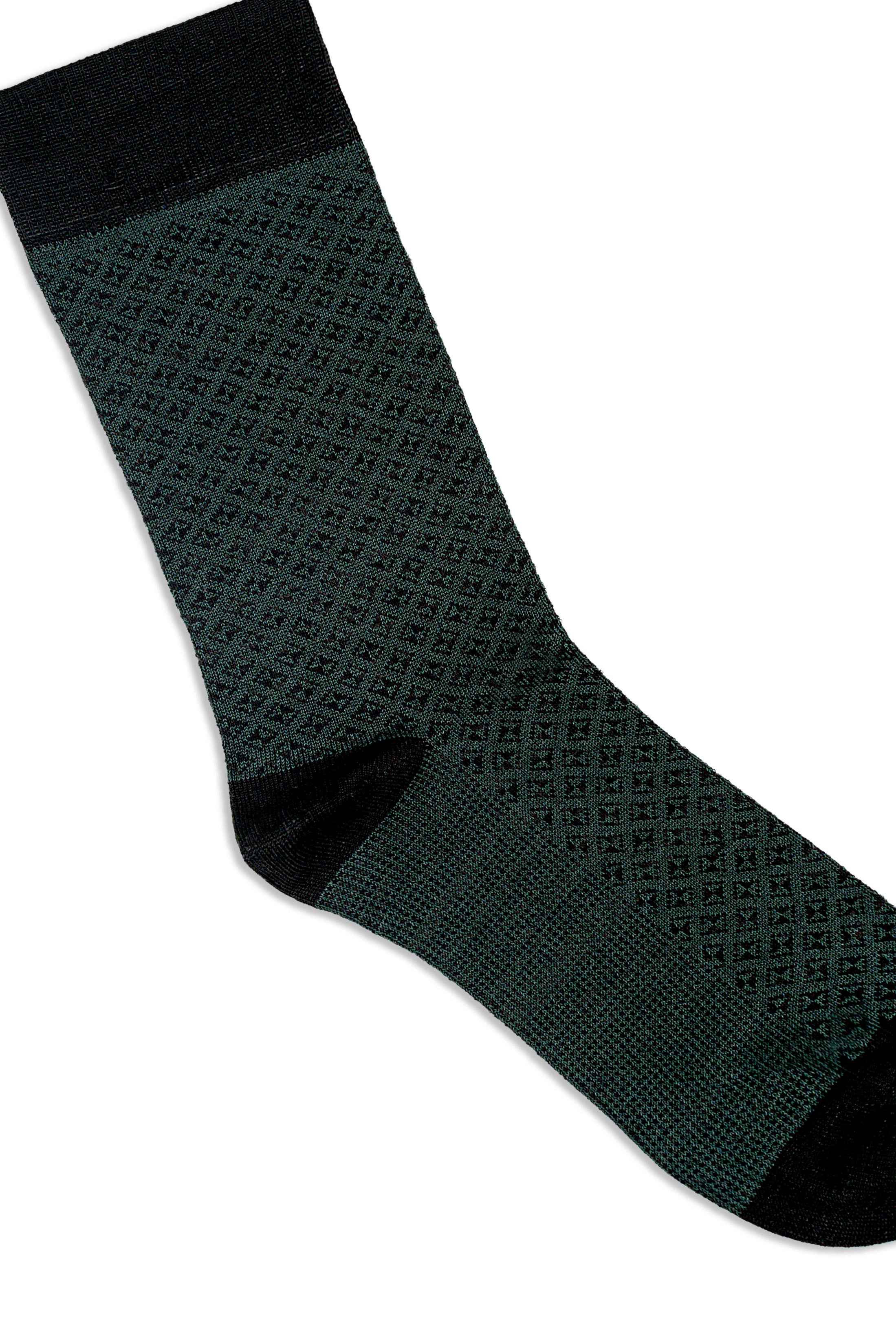 Dark green formal sock with subtle geometric pattern and black toe cuff