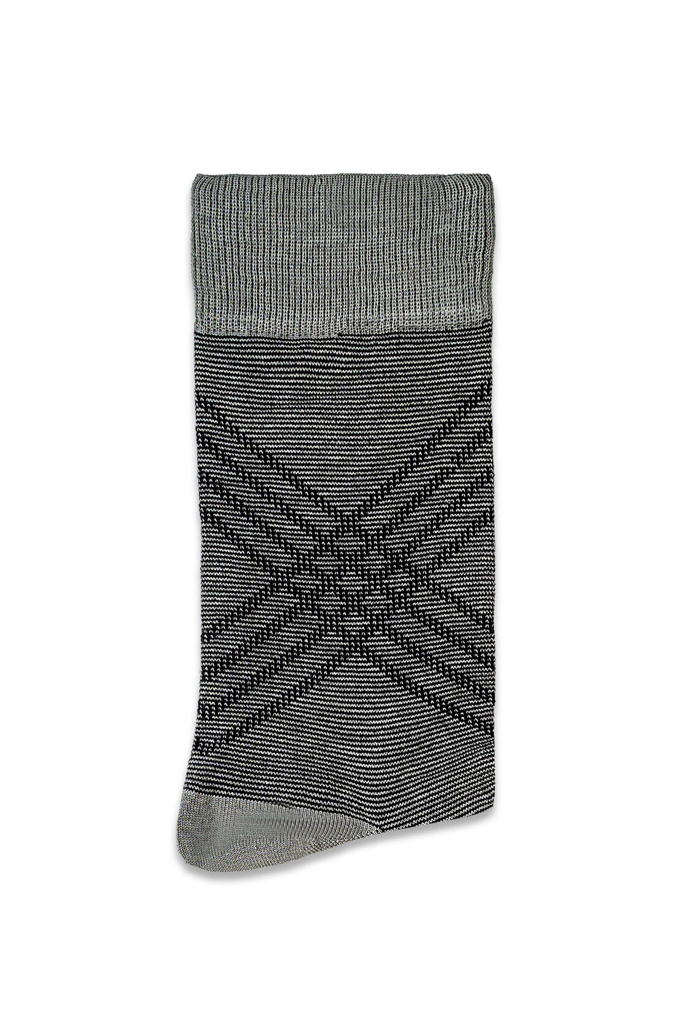 Crew formal sock with dark gray geometric pattern and ribbed cuff