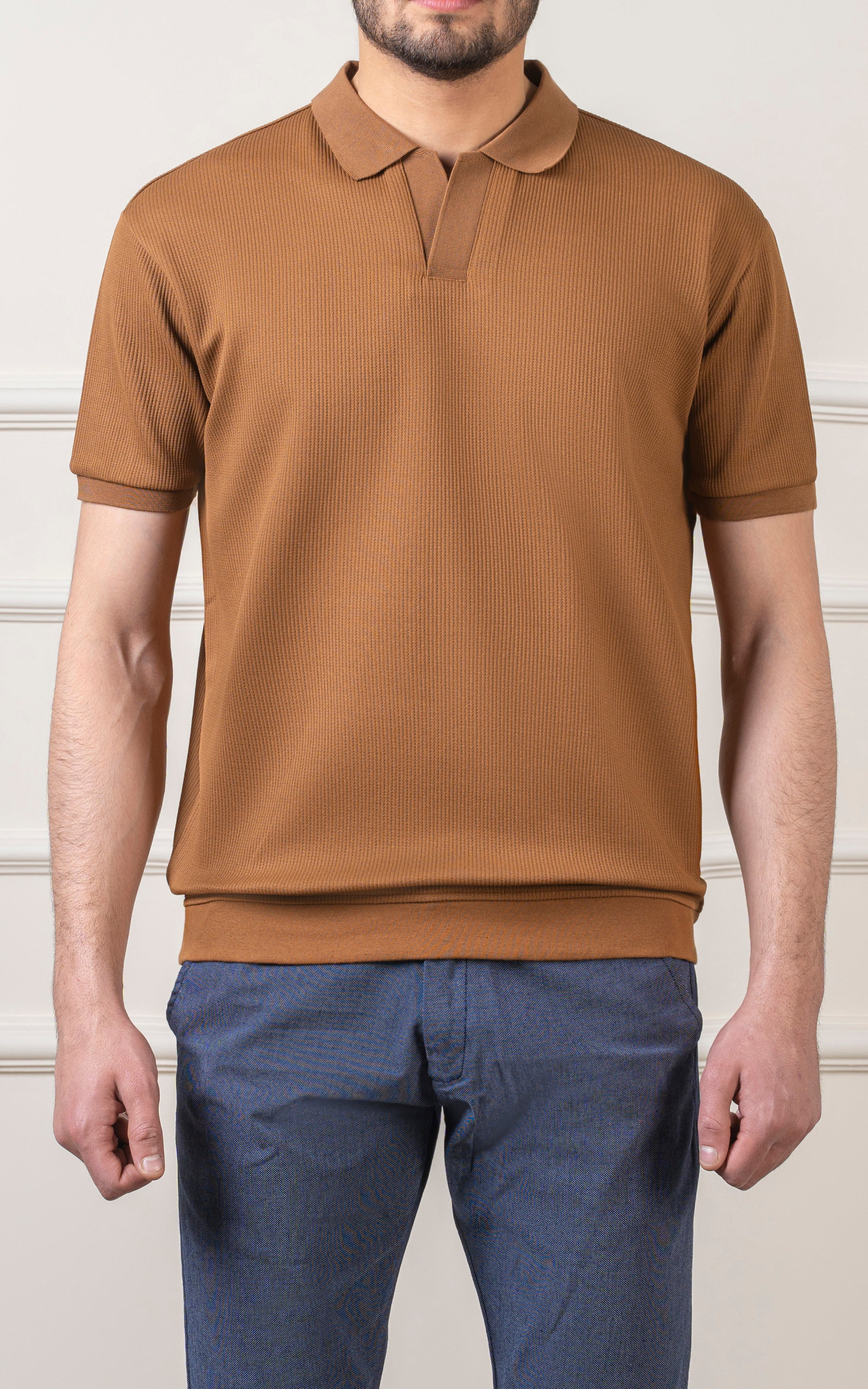 SOLID COLLAR V NECK POLO COFFEE