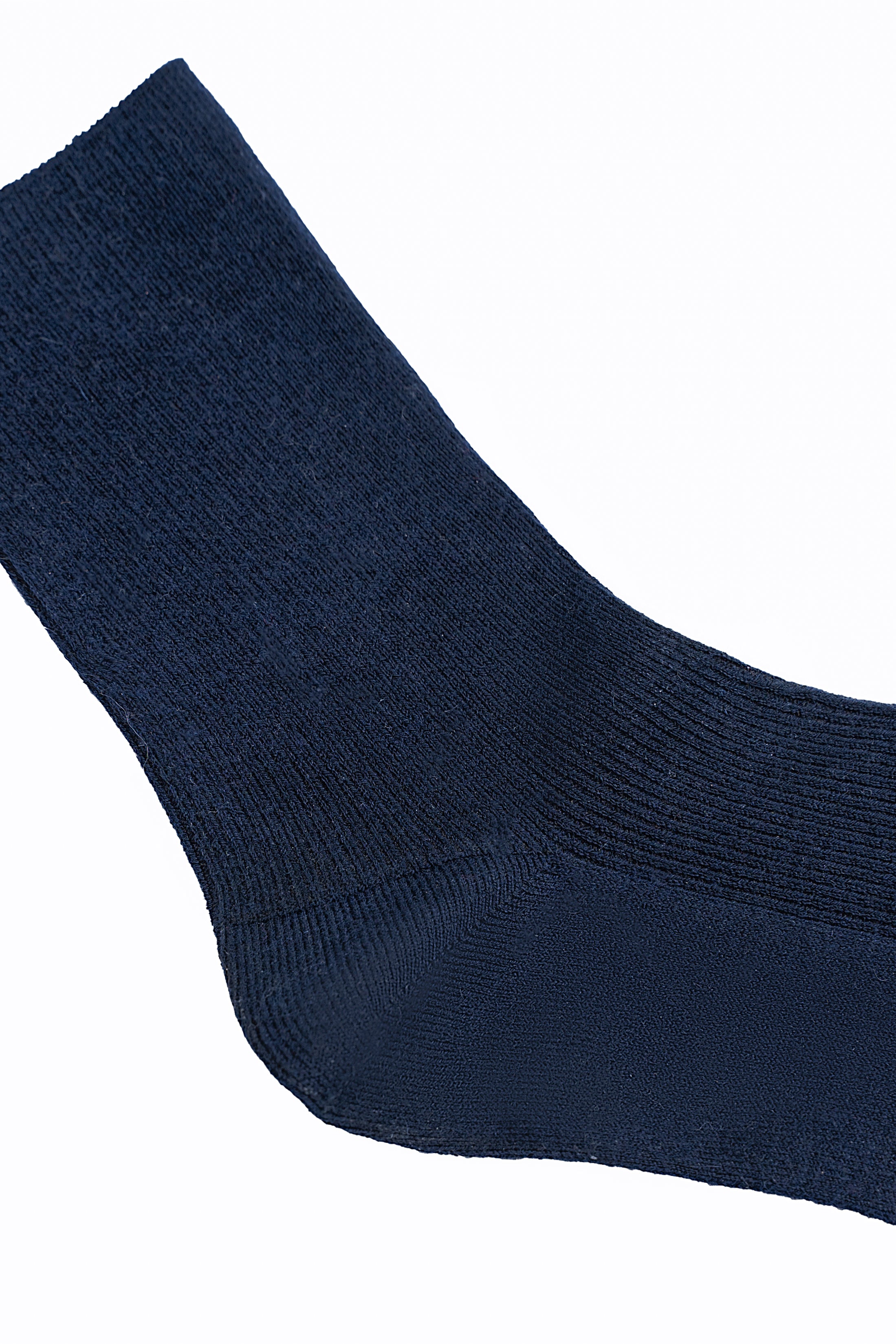 Dark navy wool sock close-up of knit texture on foot