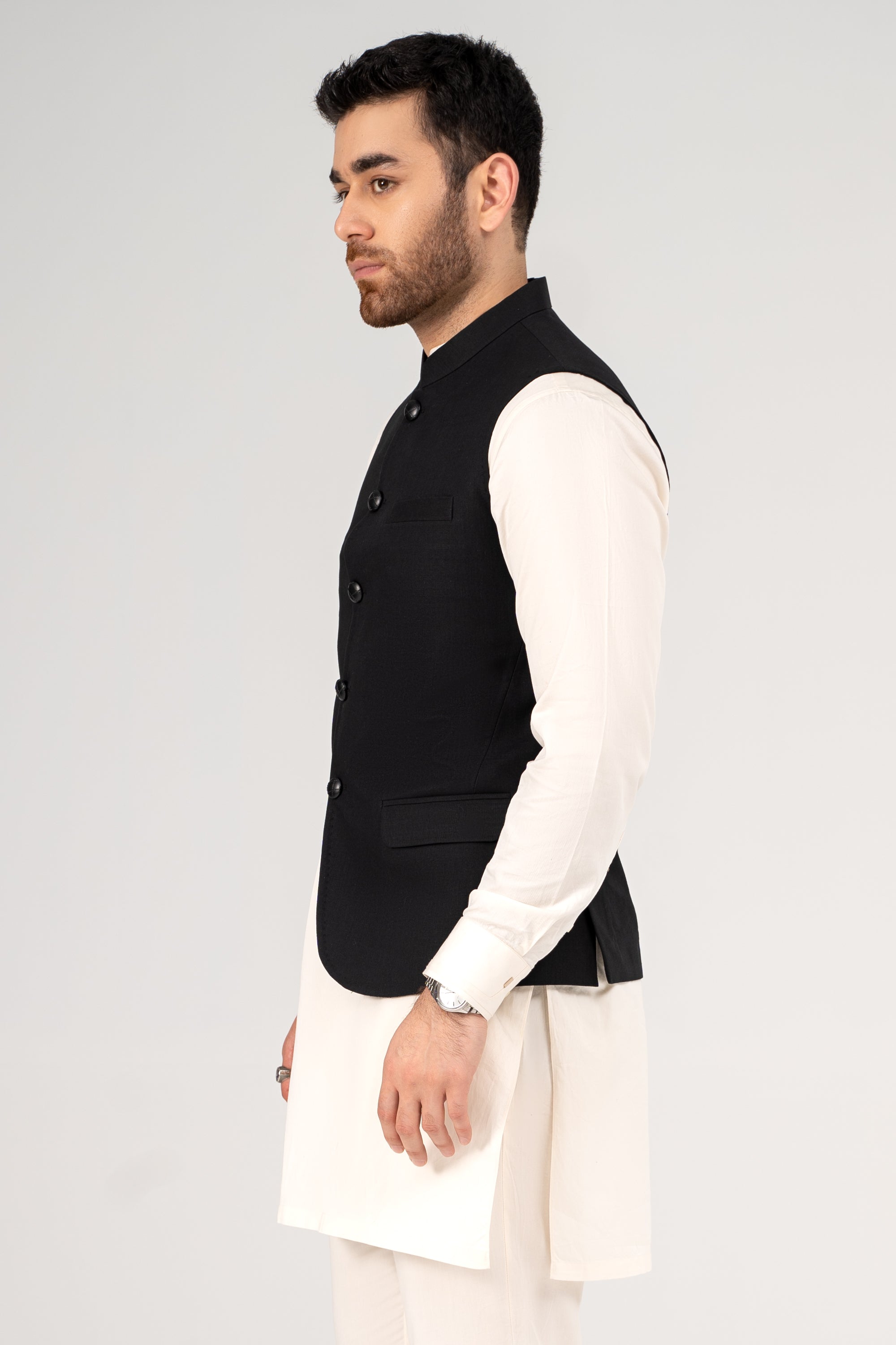 COTTON LINEN BLENDED WAISTCOAT BLACK