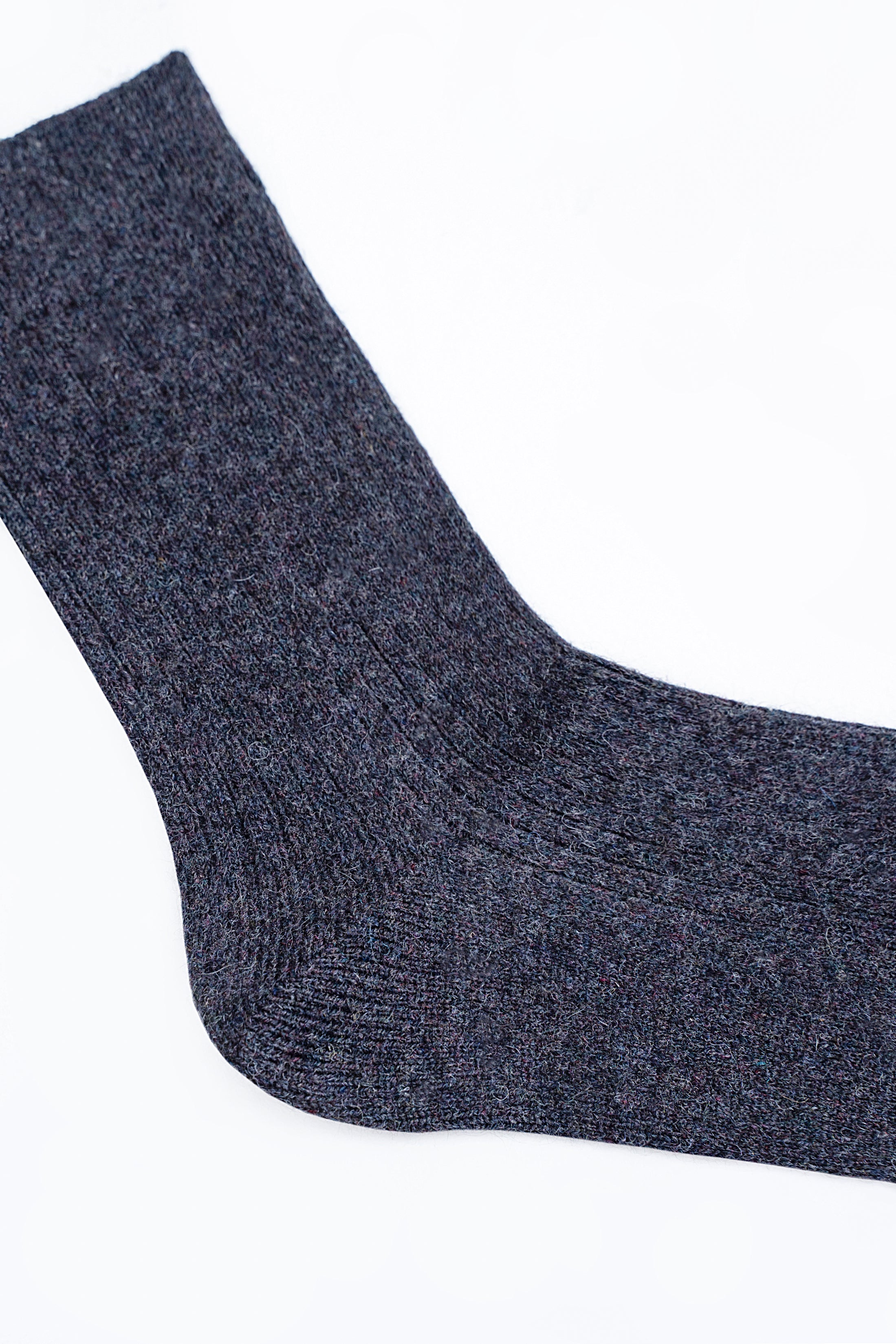 Dark navy wool sock with ribbed knit cuff and seamless toe