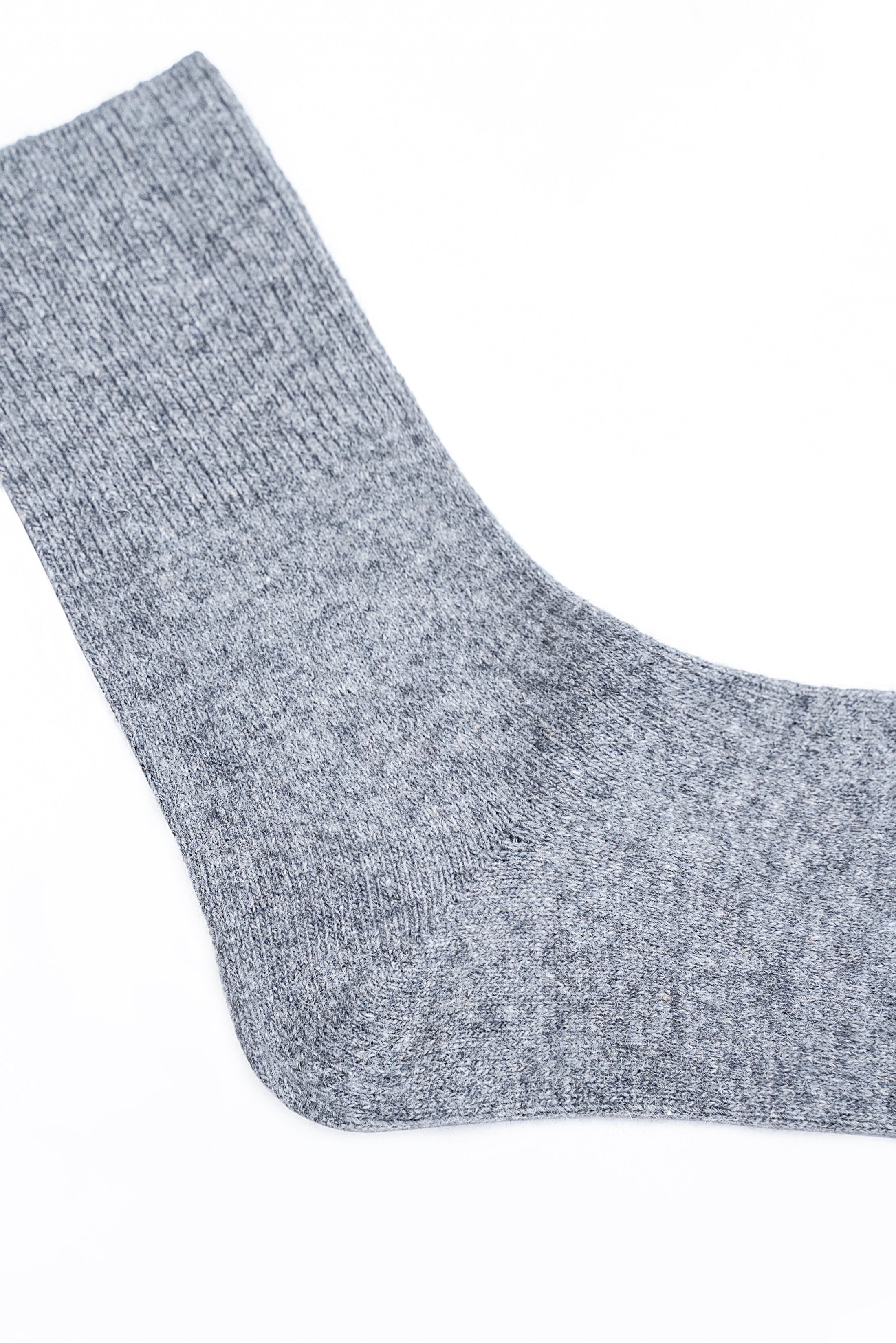 Grey wool crew sock, heather knit with ribbed cuff and smooth toe