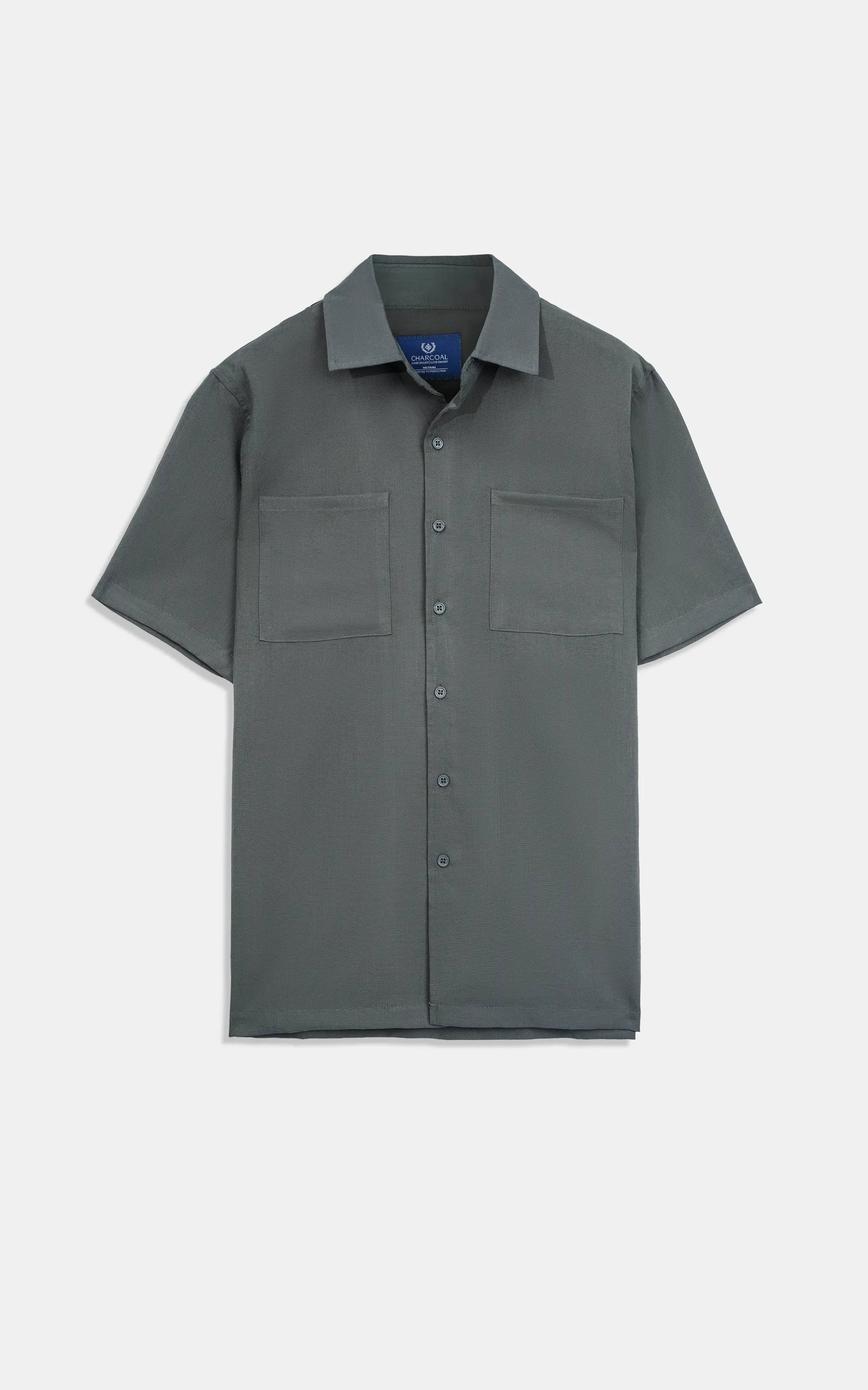 Dark grey casual short-sleeve shirt with regular collar and button placket