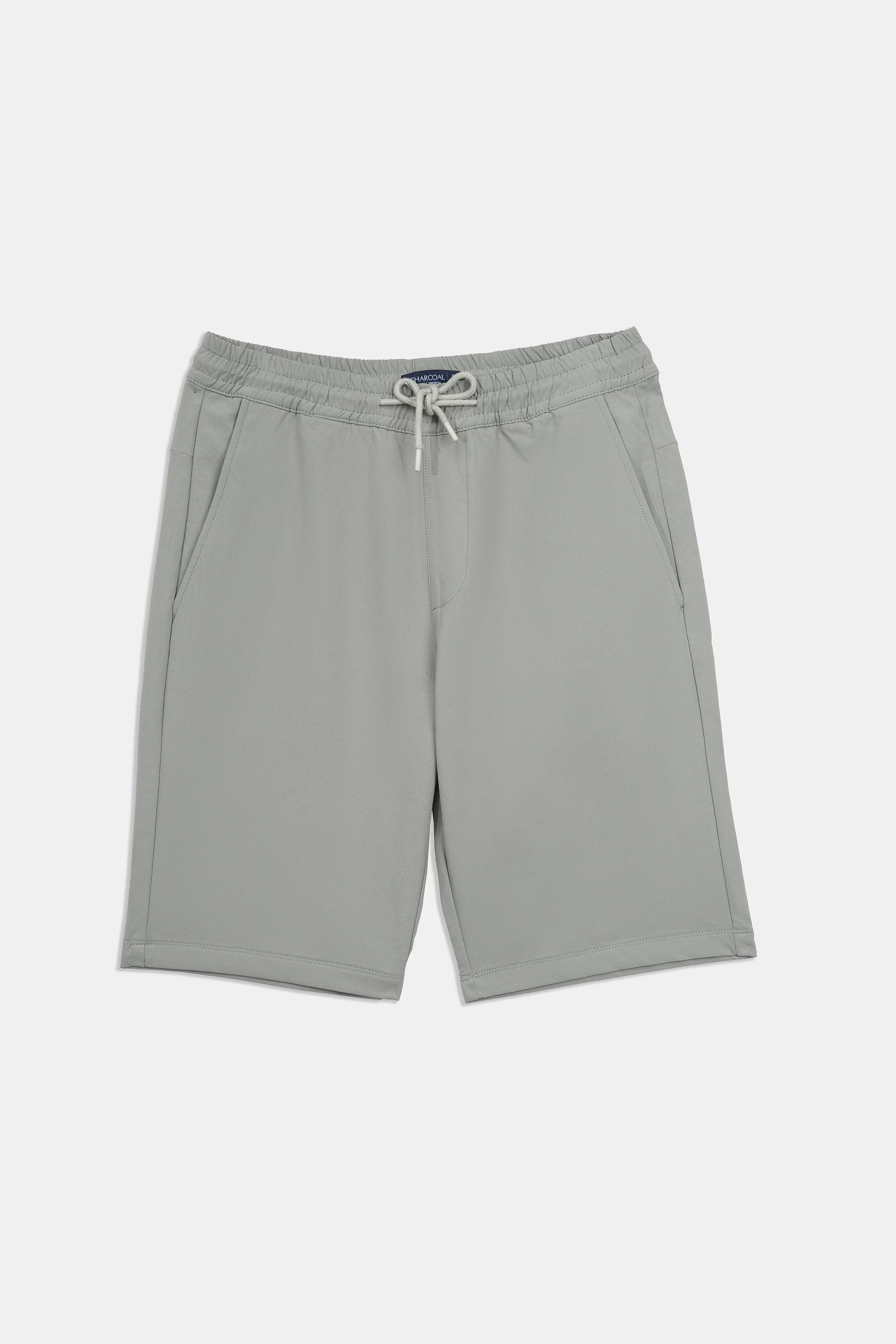 Olive knee-length shorts with elastic waistband and drawstring tie.