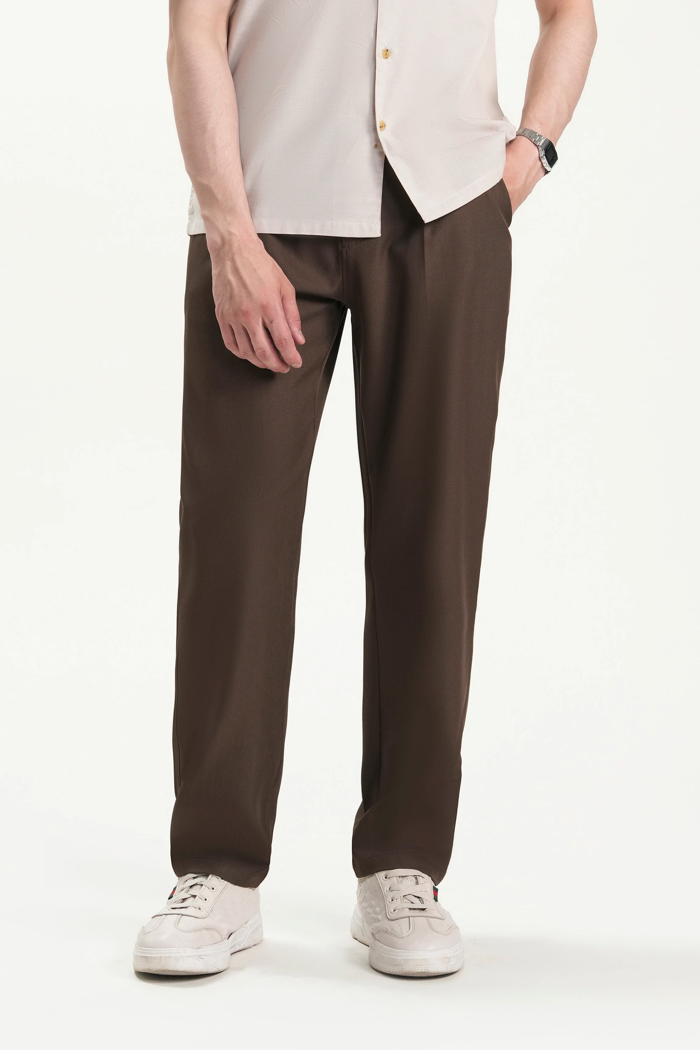 ELASTICATED WAIST CASUAL PANT DARK BROWN