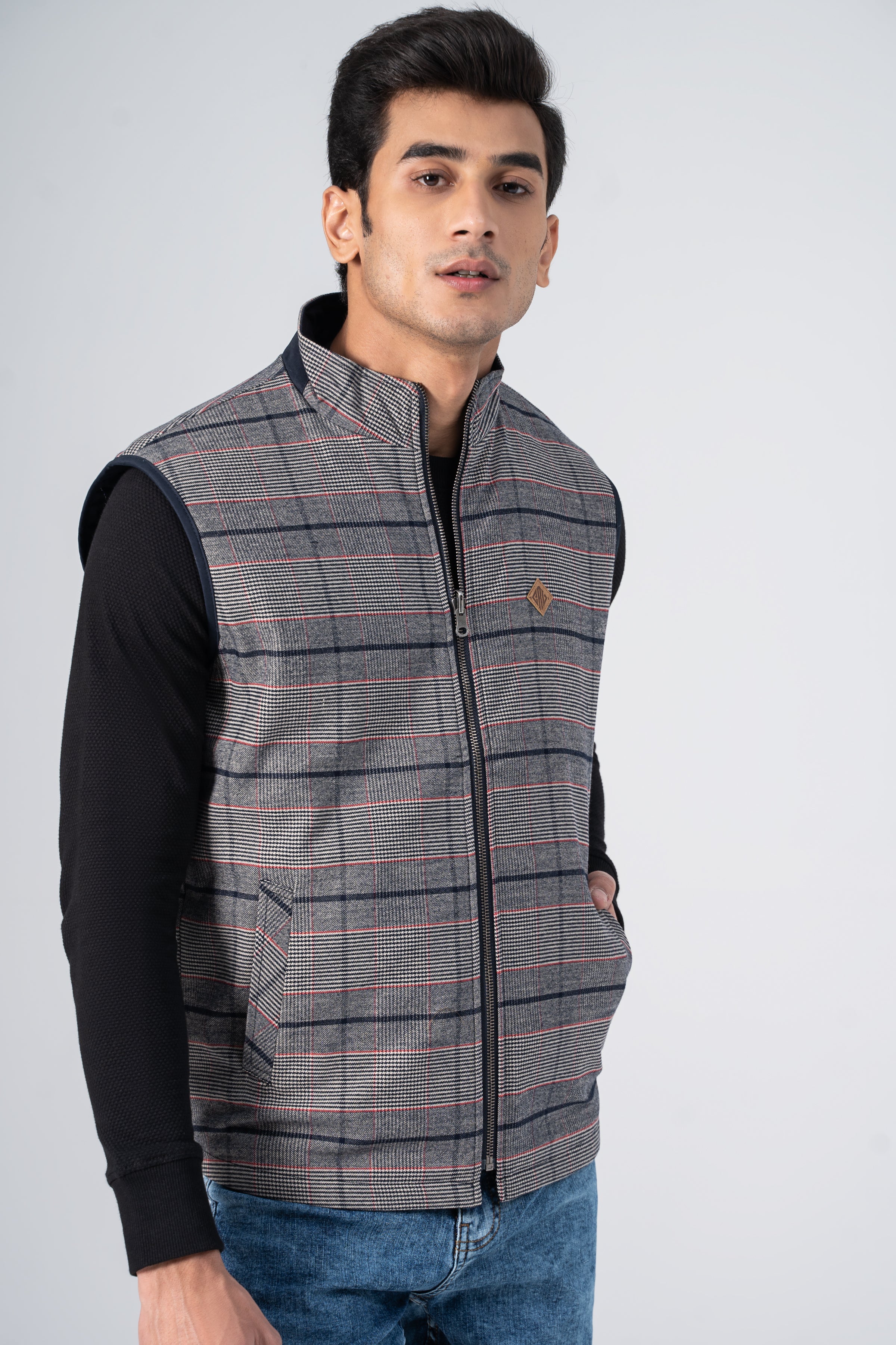 Reversible quilted jacket, plaid gray with red lines, full-zip front, quilted texture
