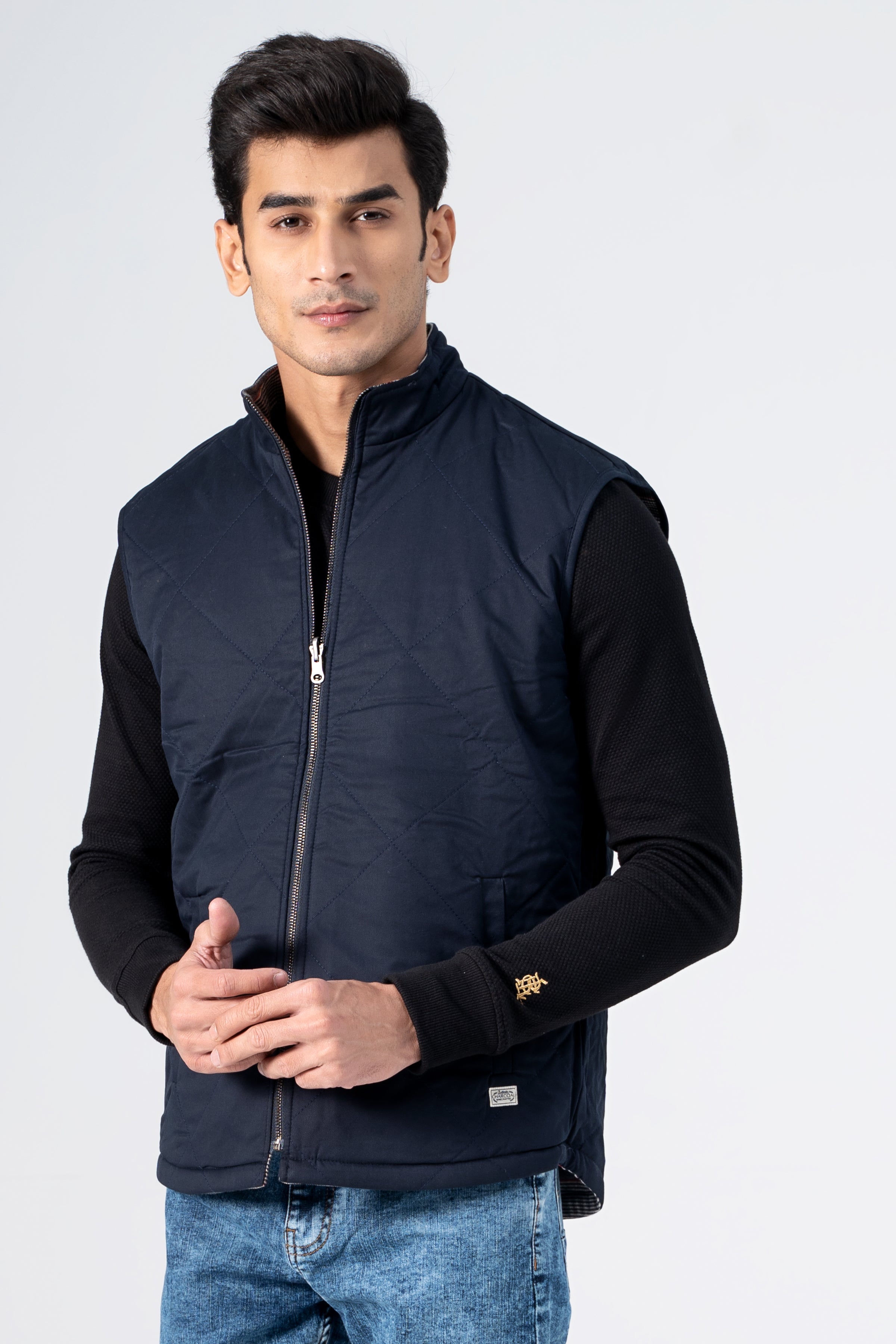 Quilted reversible jacket, navy dark, stand collar and zip front with long sleeves