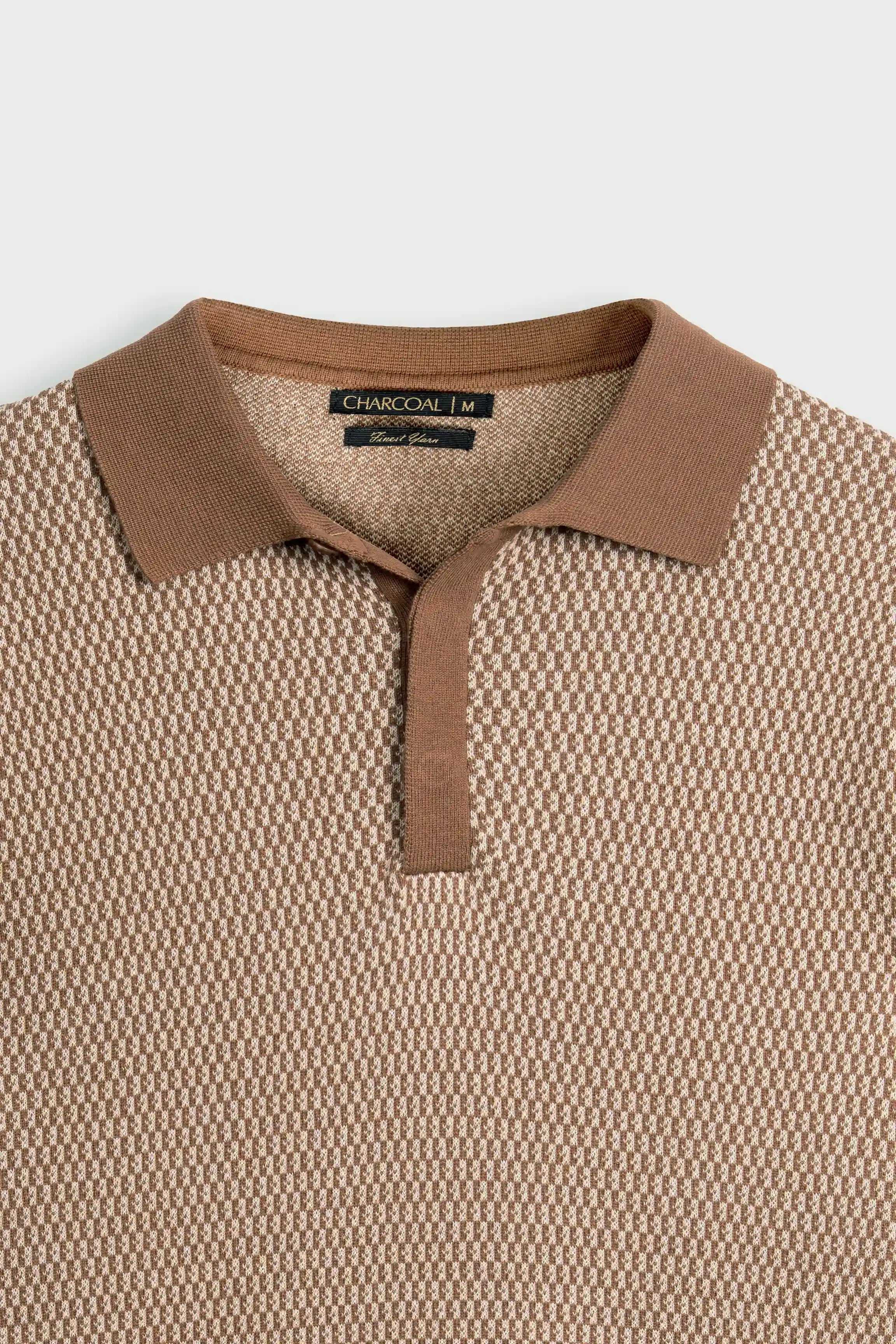 SWEATER KNIT SELF TEXTURED POLO BROWN