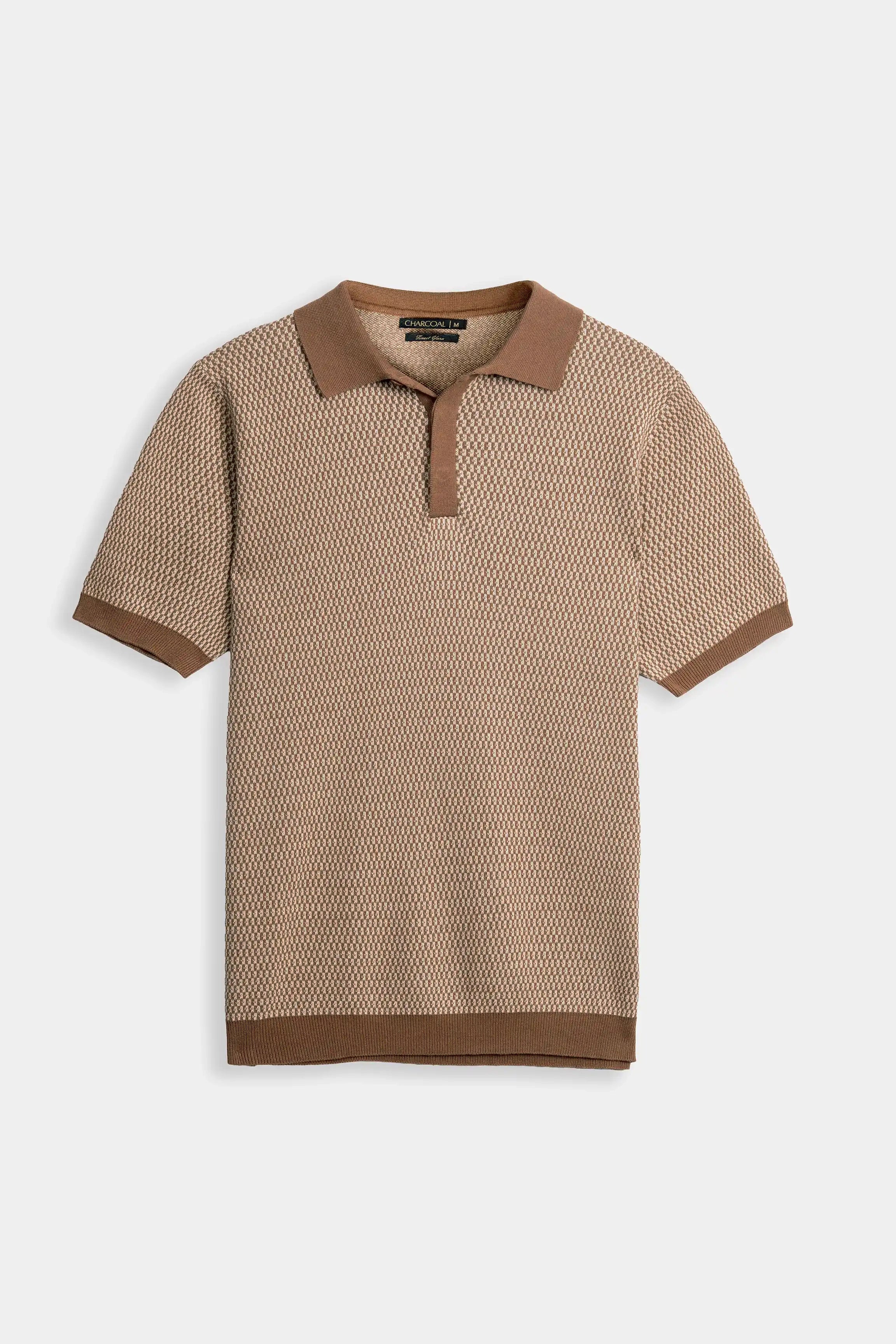 SWEATER KNIT SELF TEXTURED POLO BROWN
