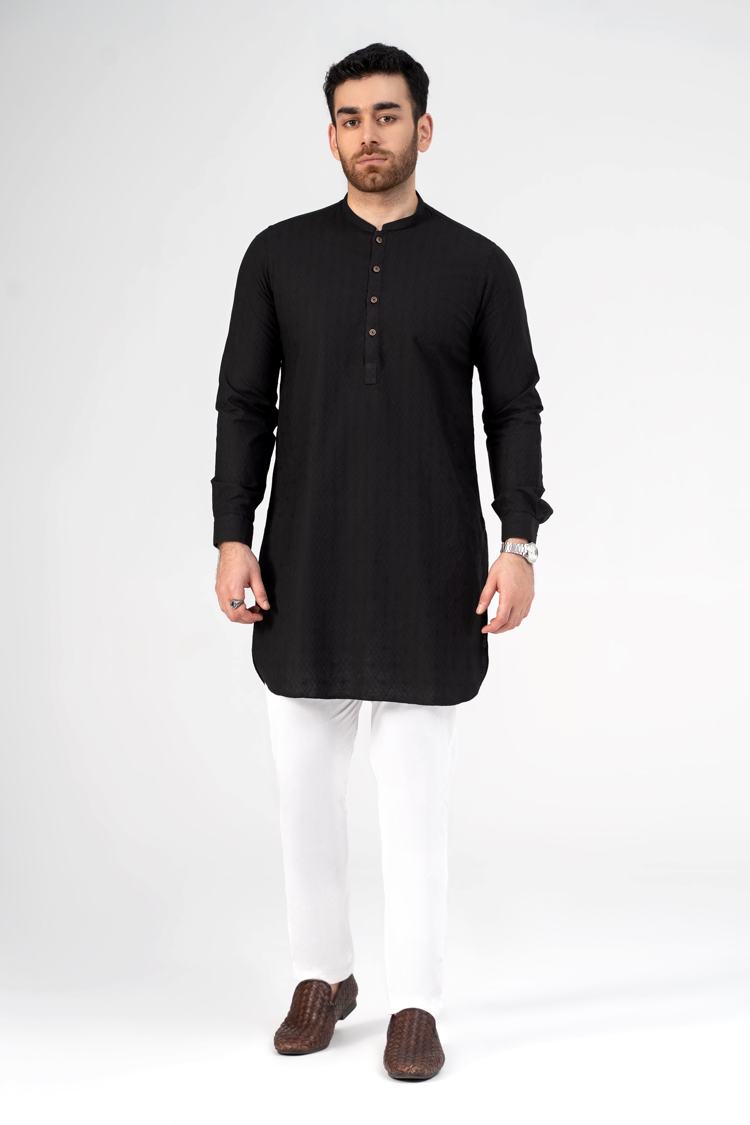 SELF JACQUARD KURTA BLACK