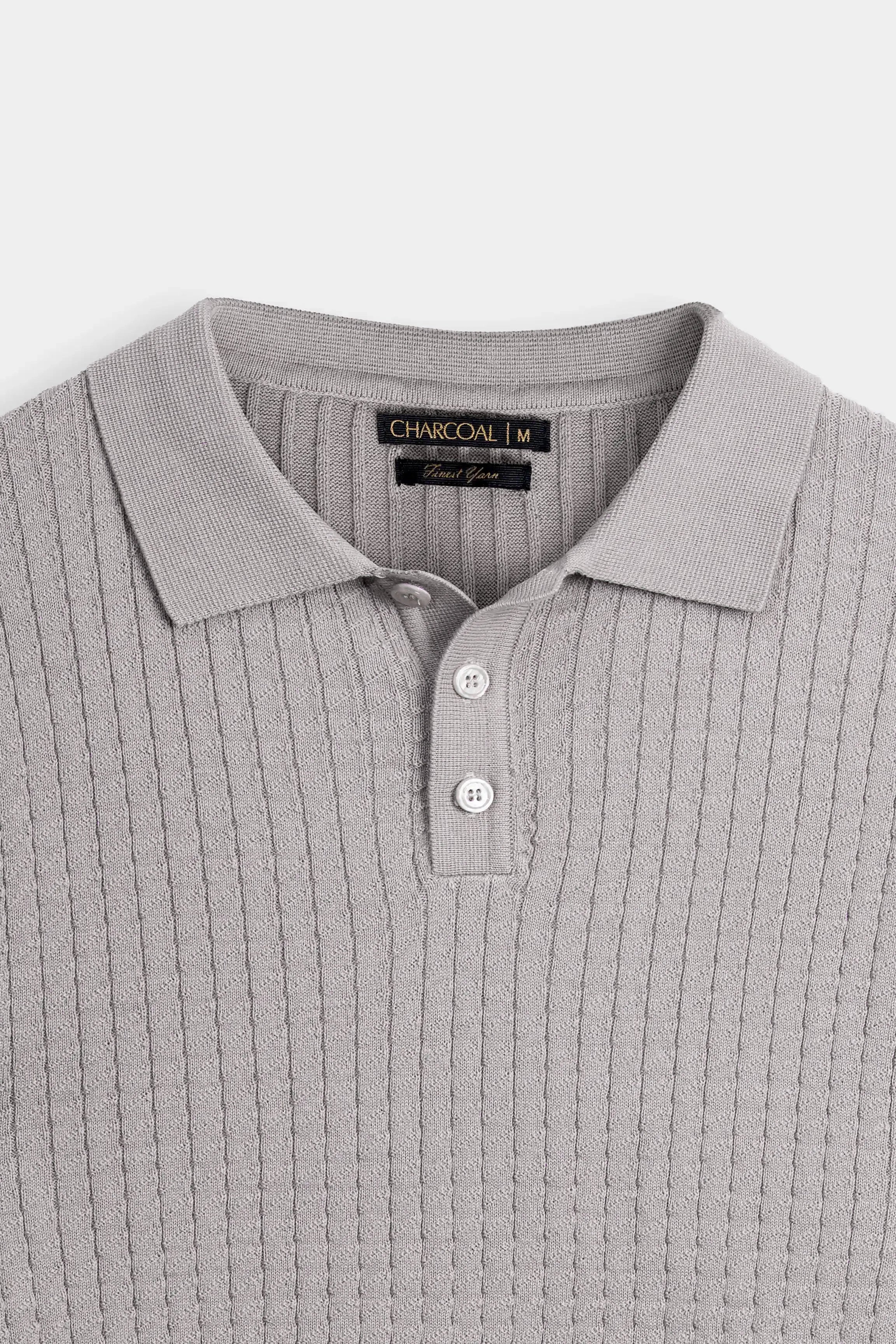 SWEATER KNIT SELF TEXTURED POLO KHAKI
