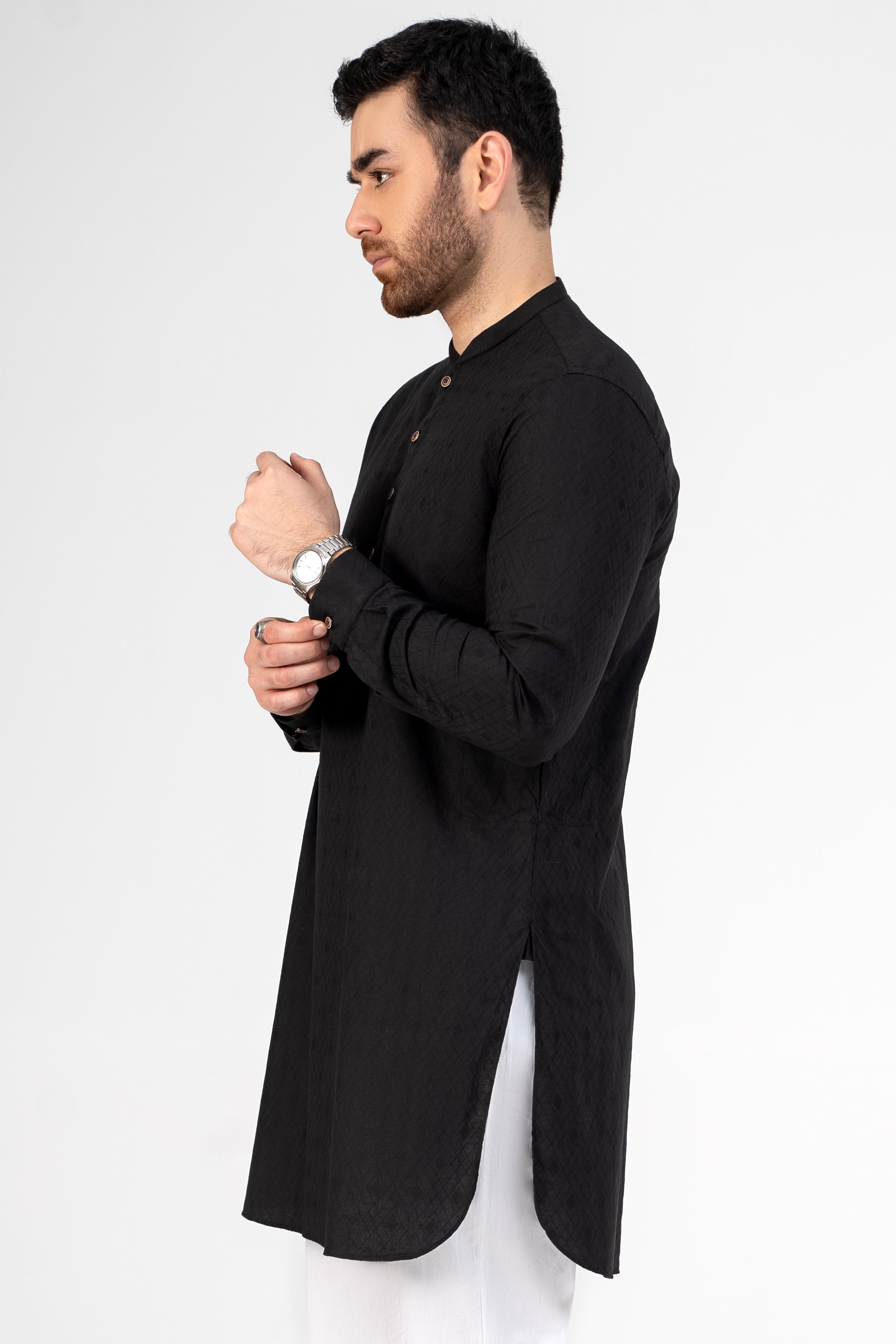 SELF JACQUARD KURTA BLACK