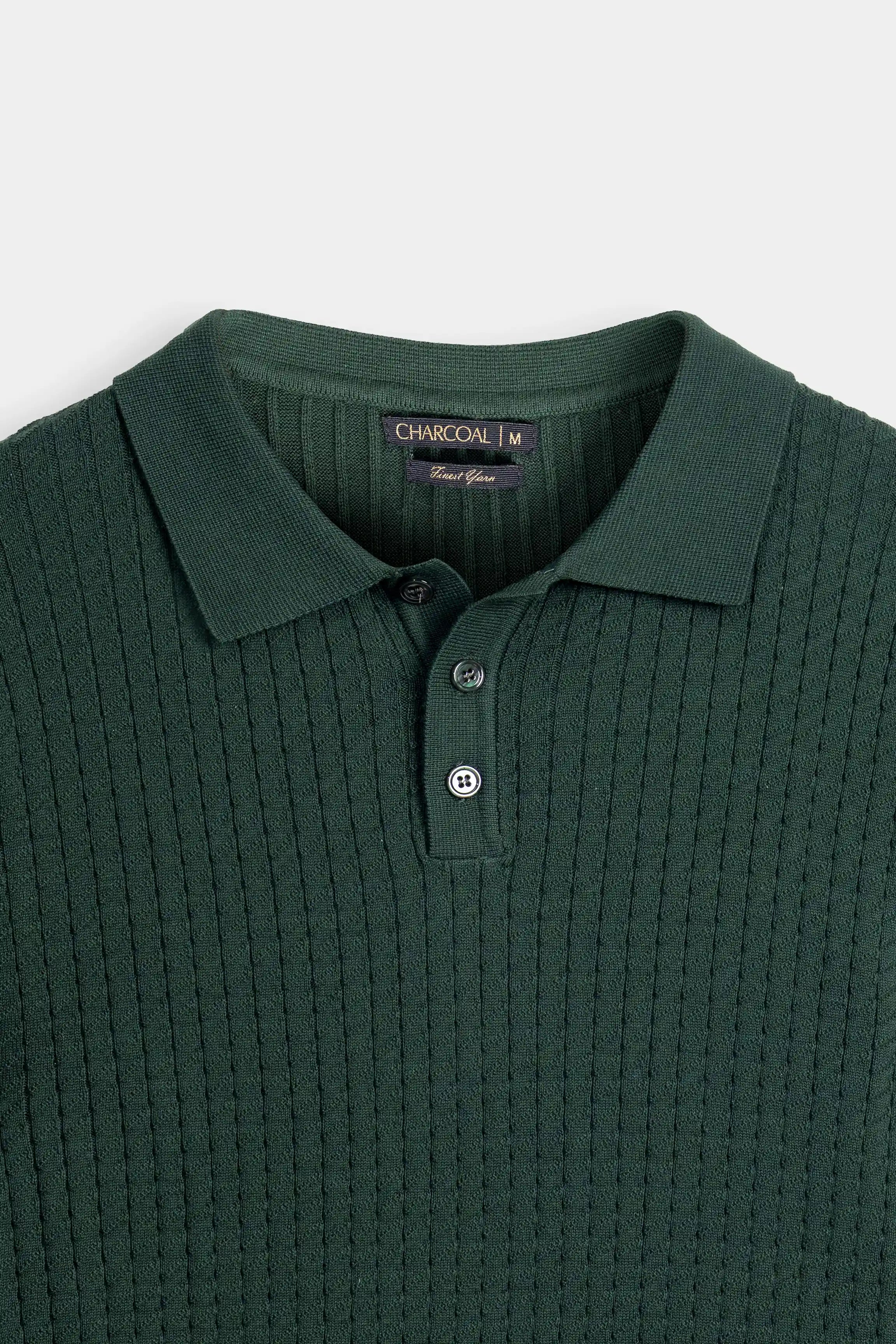 SWEATER KNIT SELF TEXTURED POLO GREEN
