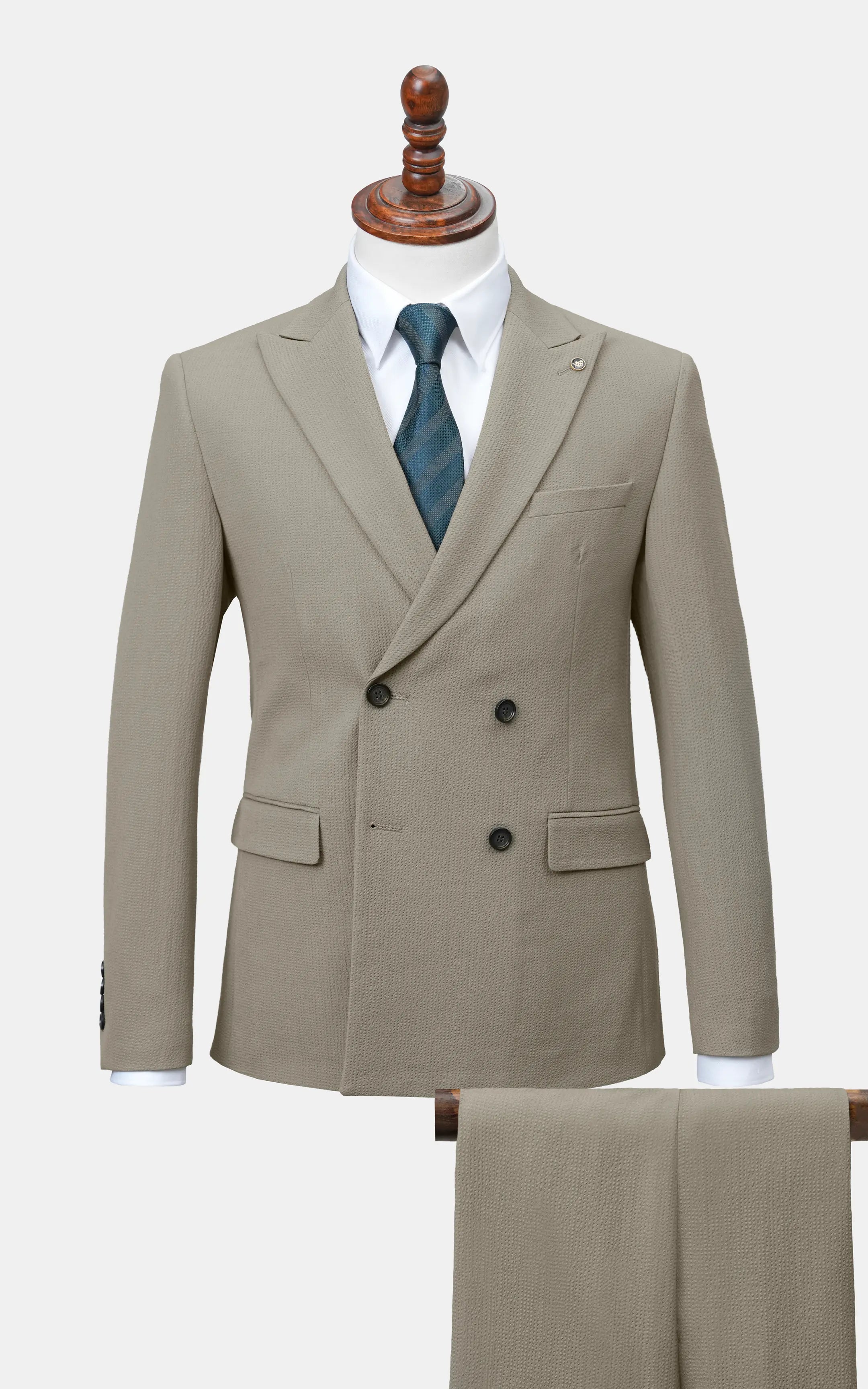 Olive two-piece suit set with double-breasted jacket and matching trousers