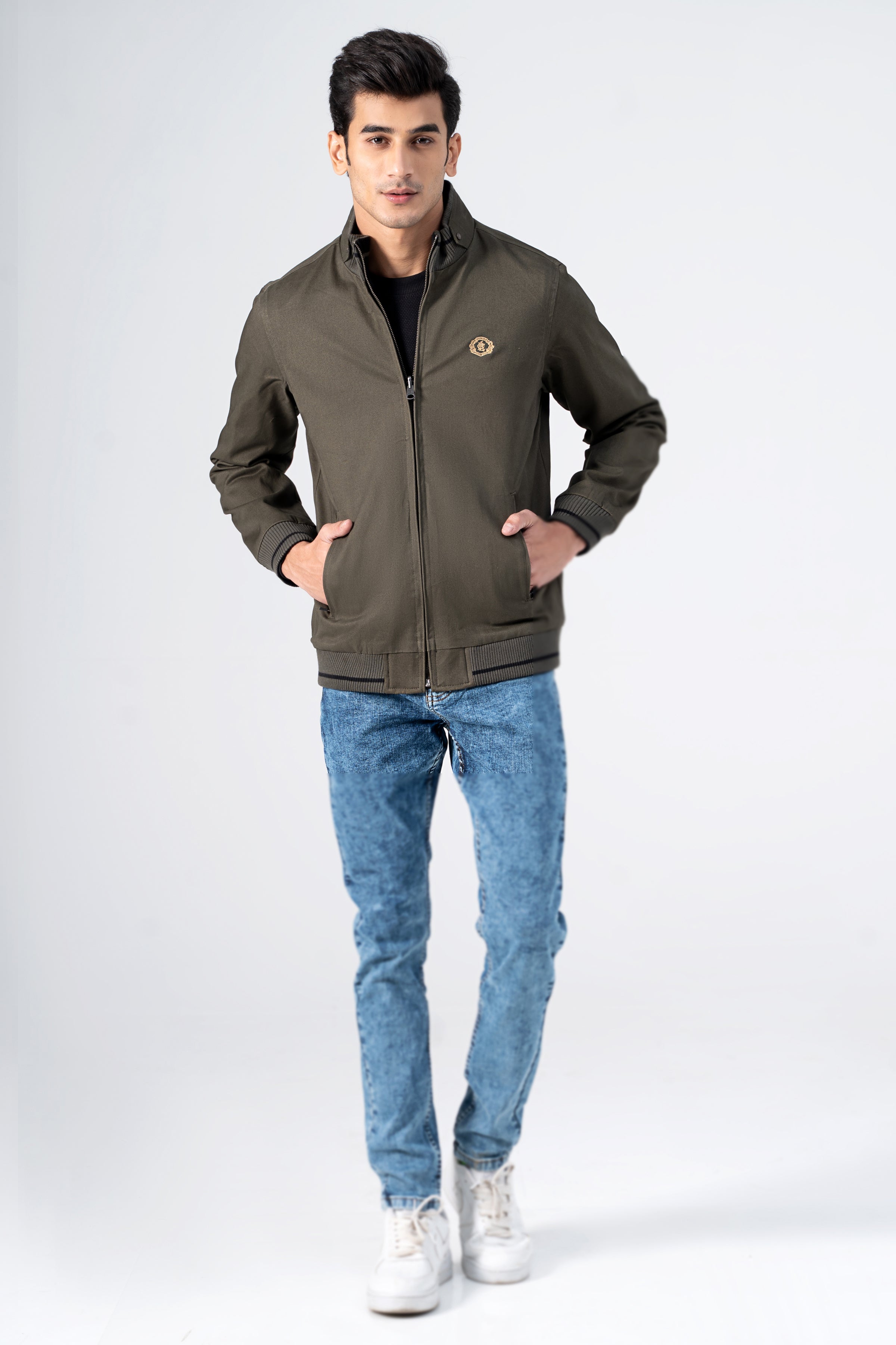 Reversible jacket in olive with zip front, stand collar, ribbed hem and cuffs