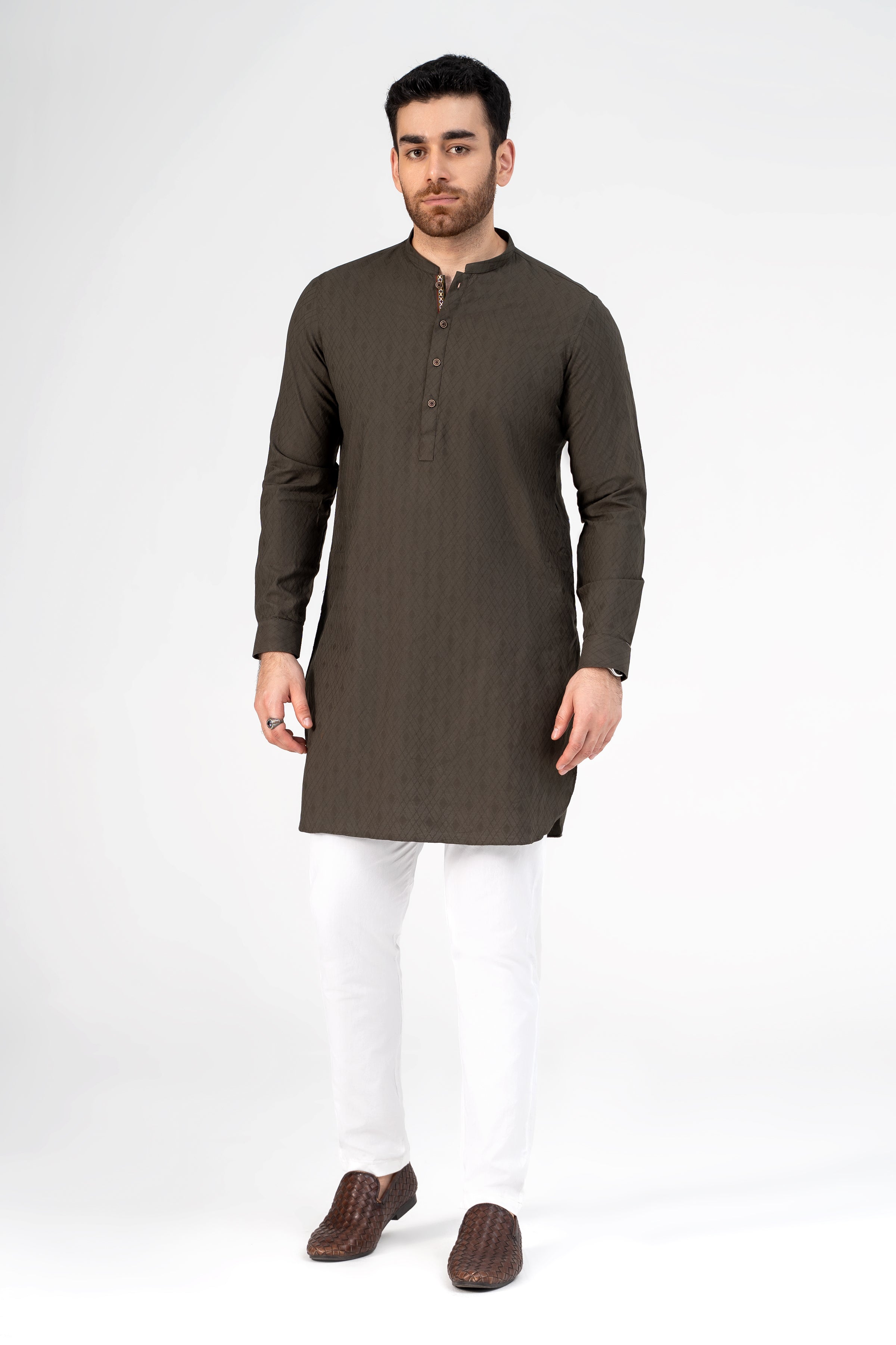 SELF JACQUARD KURTA OLIVE