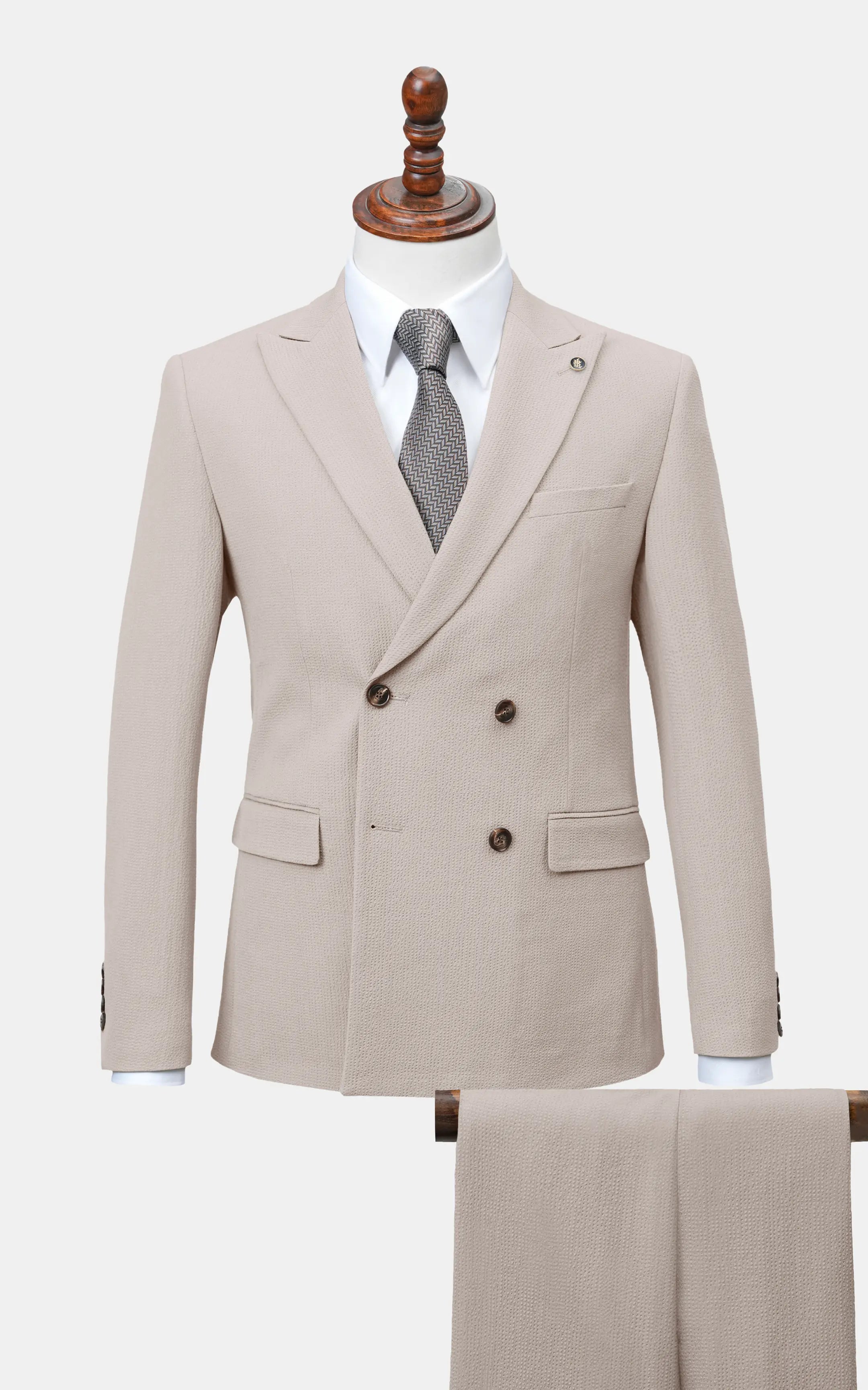 Light brown double-breasted suit jacket with matching trousers