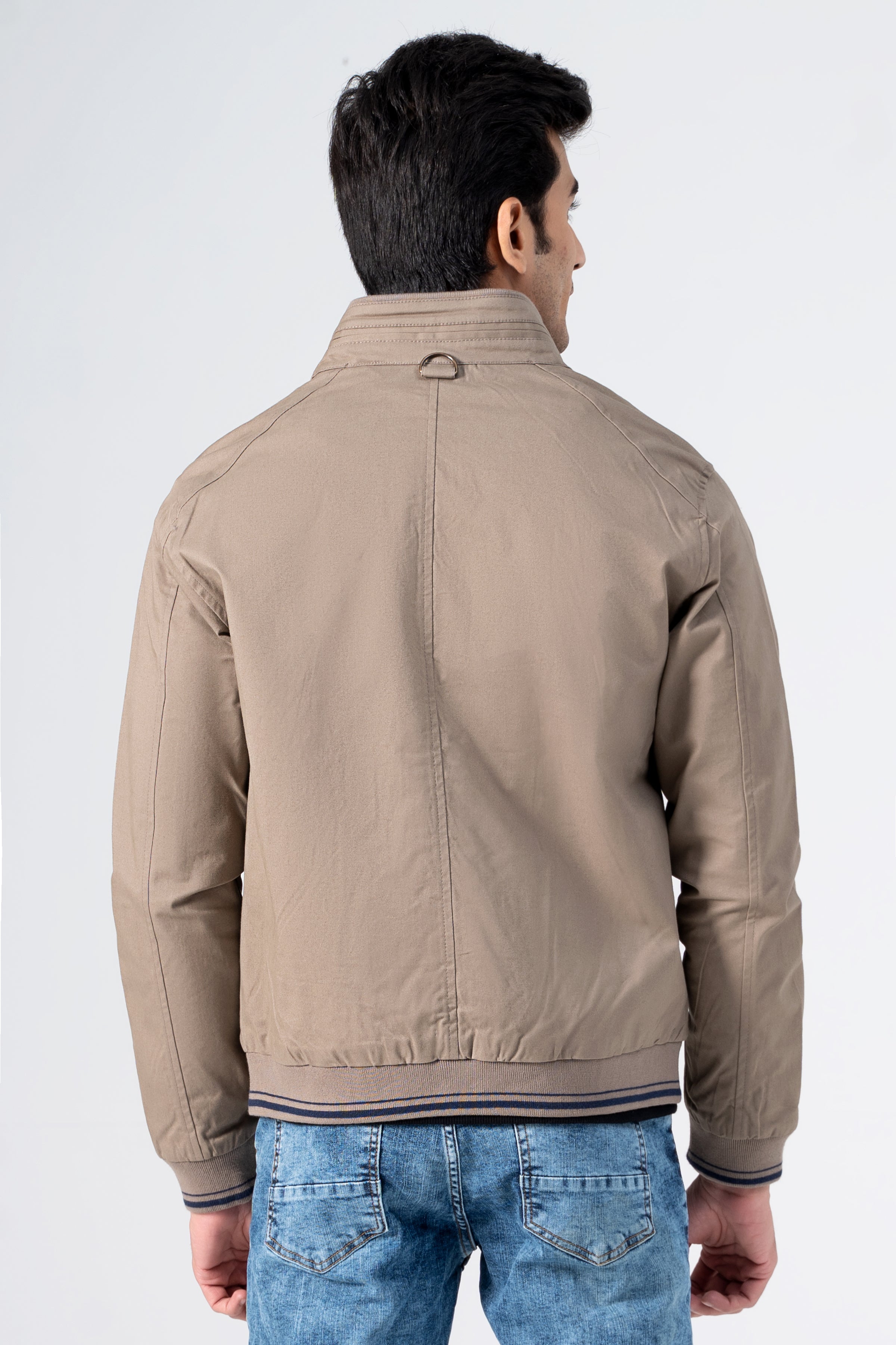 Khaki cotton jacket with stand collar, full zip front, ribbed cuffs and hem