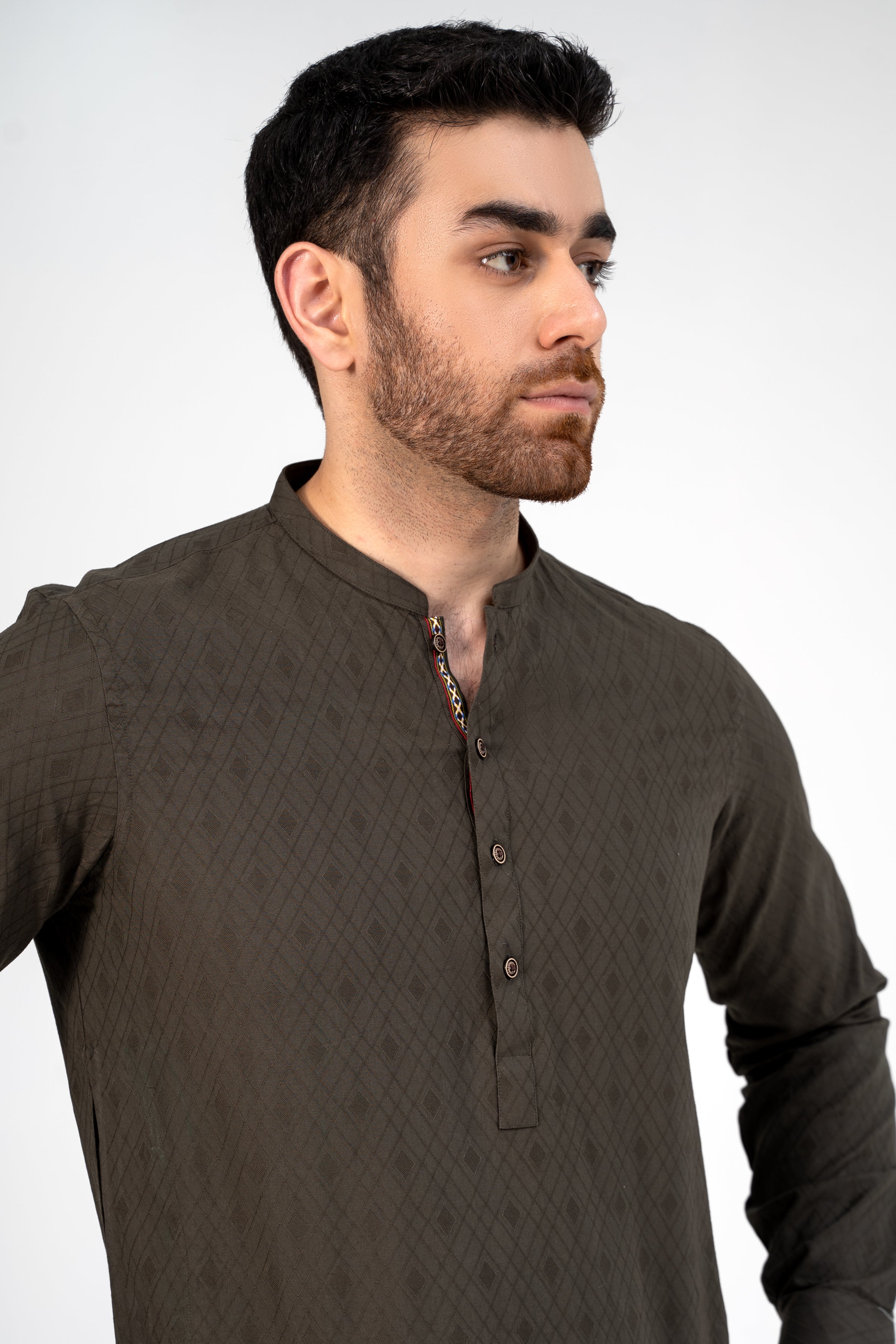 SELF JACQUARD KURTA OLIVE